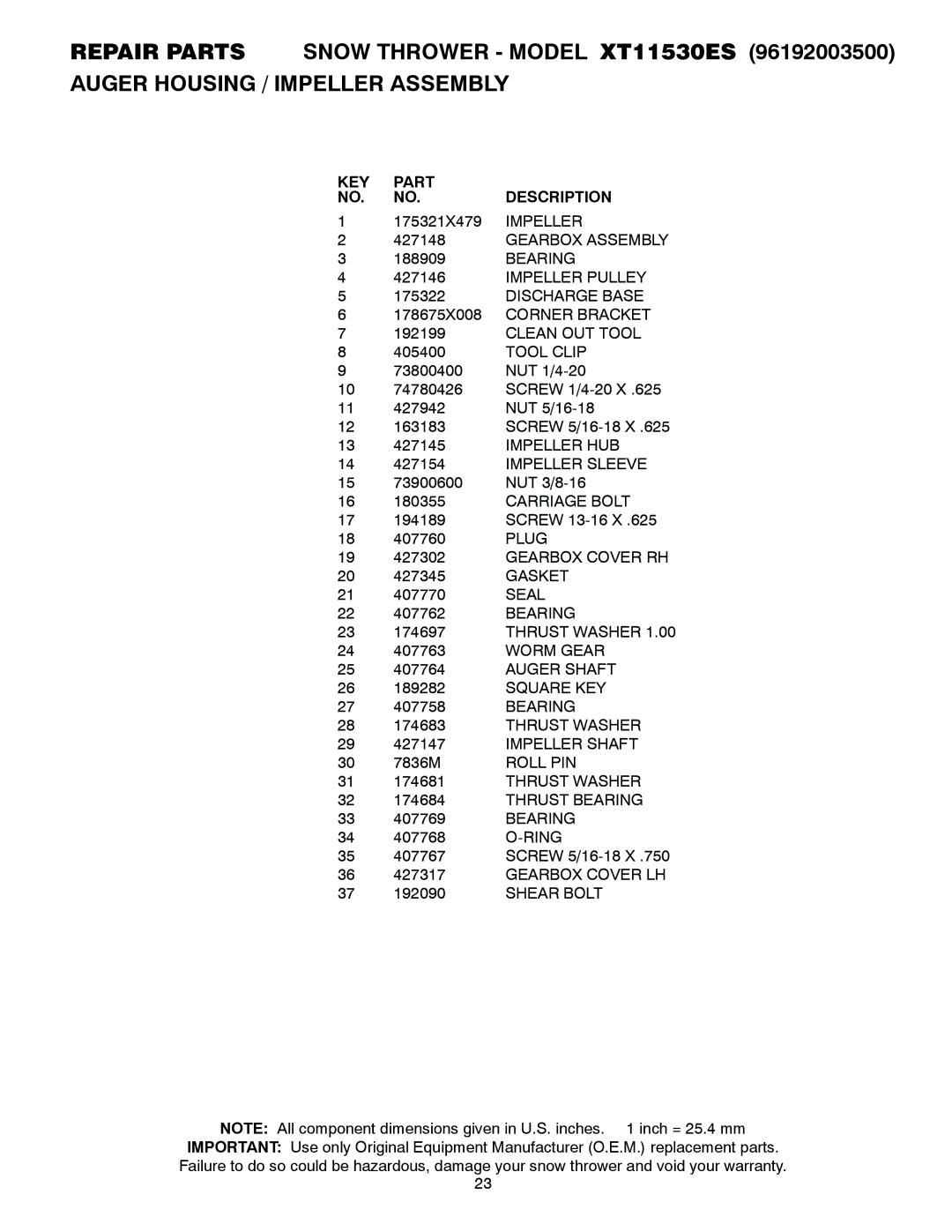 Poulan XT11530ES, 428861, 96192003500 owner manual KEY Part Description 