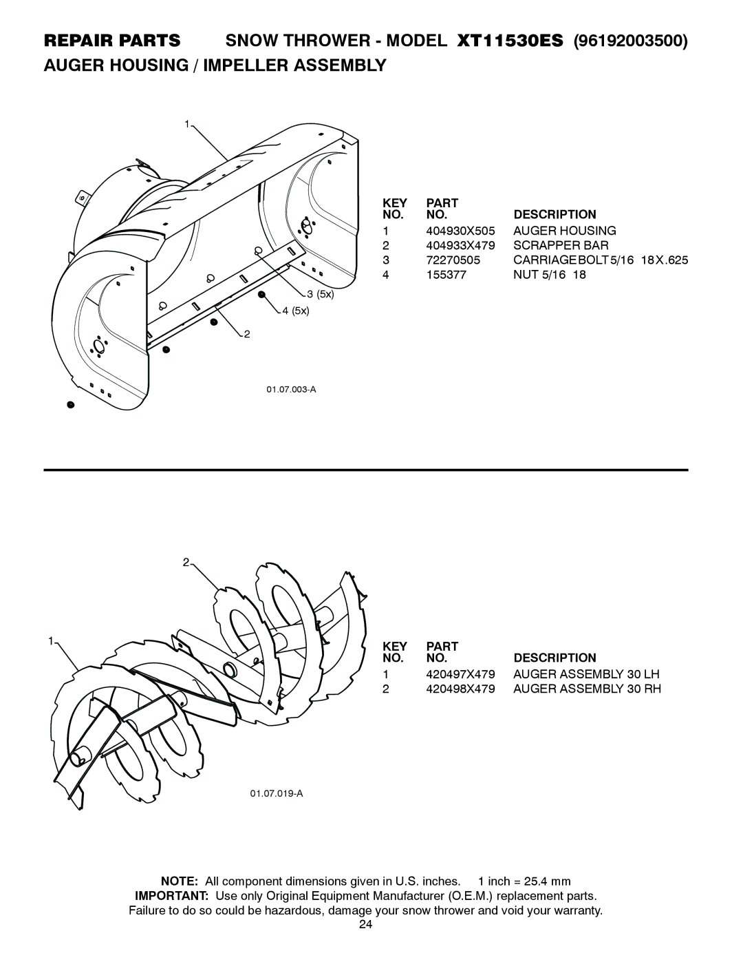 Poulan 428861, XT11530ES Auger Housing, Scrapper BAR, CARRIAGEBOLT5/16−18X.625, Auger Assembly 30 LH, Auger Assembly 30 RH 