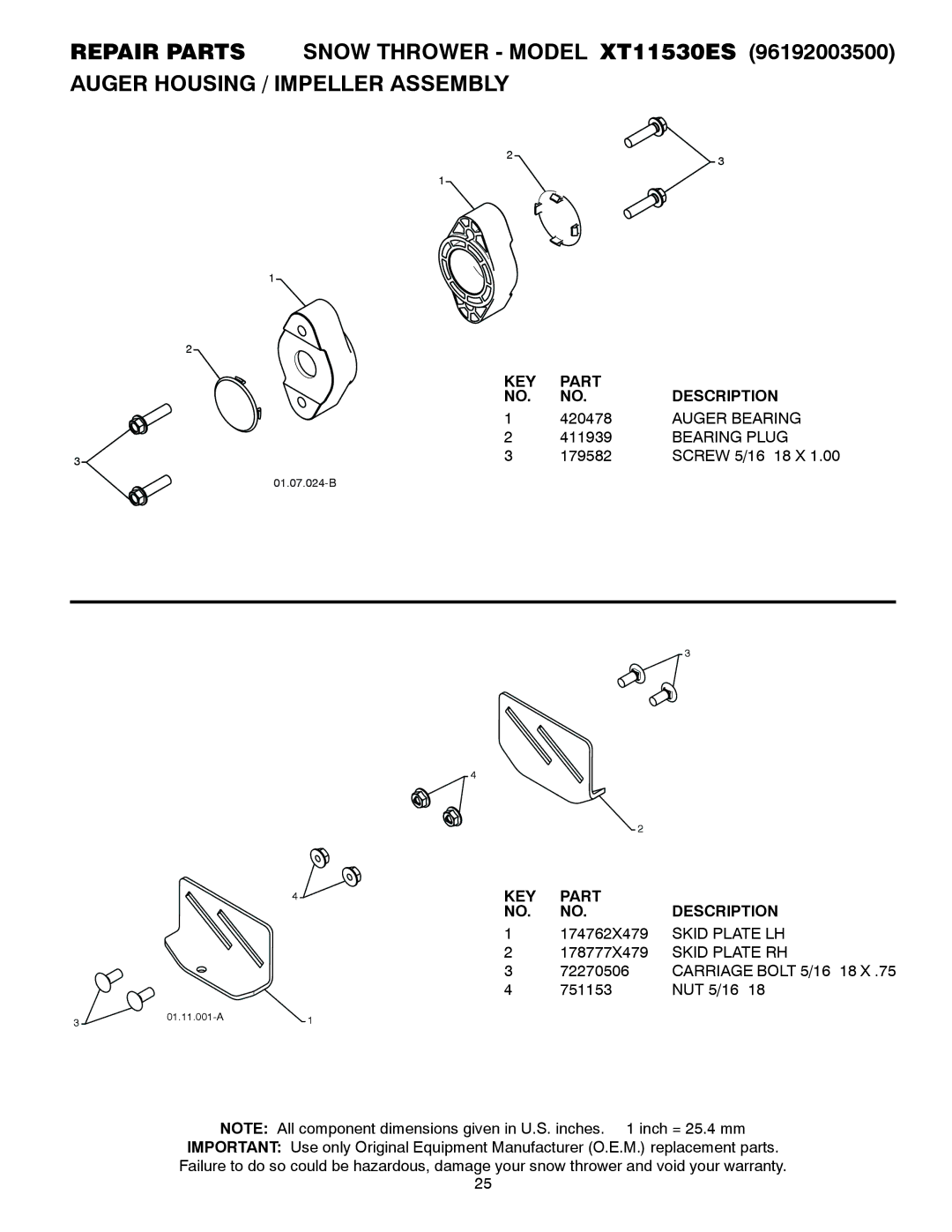 Poulan 96192003500, 428861, XT11530ES owner manual Auger Bearing, Bearing Plug 