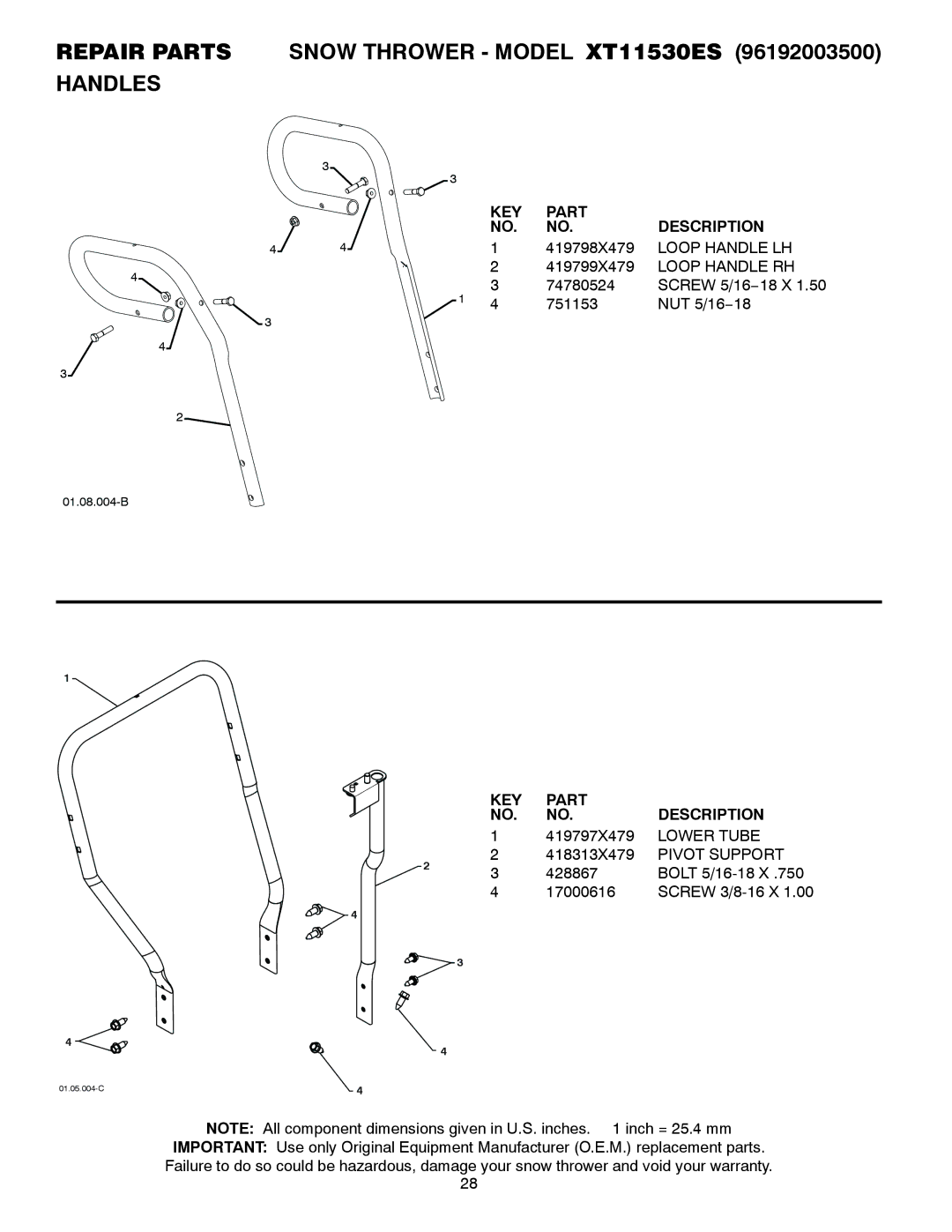 Poulan 96192003500, 428861 Repair Parts Snow Thrower Model XT11530ES Handles, Loop Handle LH, Loop Handle RH, Lower Tube 