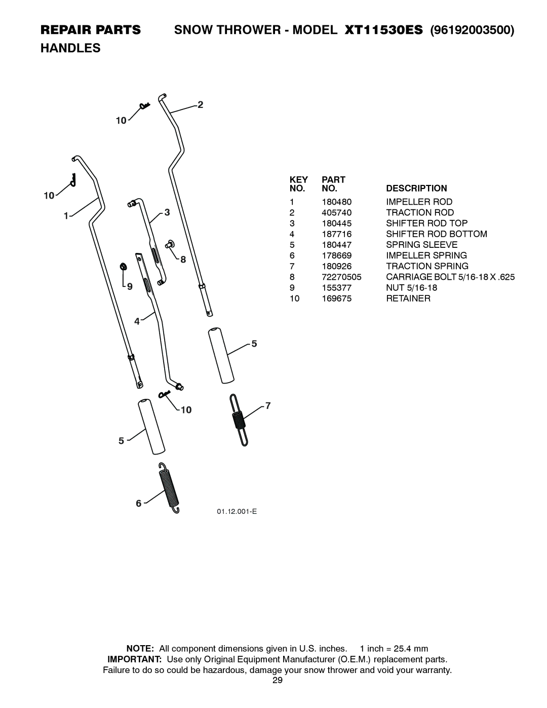 Poulan XT11530ES, 428861, 96192003500 owner manual 180480, Impeller ROD, Traction ROD, Retainer 