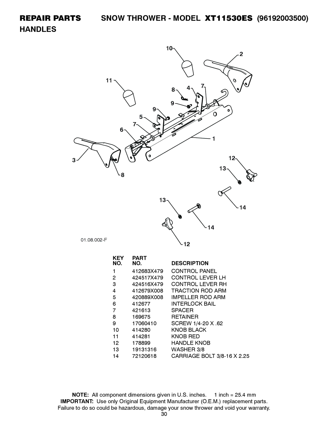 Poulan 428861, 96192003500, XT11530ES owner manual Spacer, Knob RED, Handle Knob, Washer 3/8 