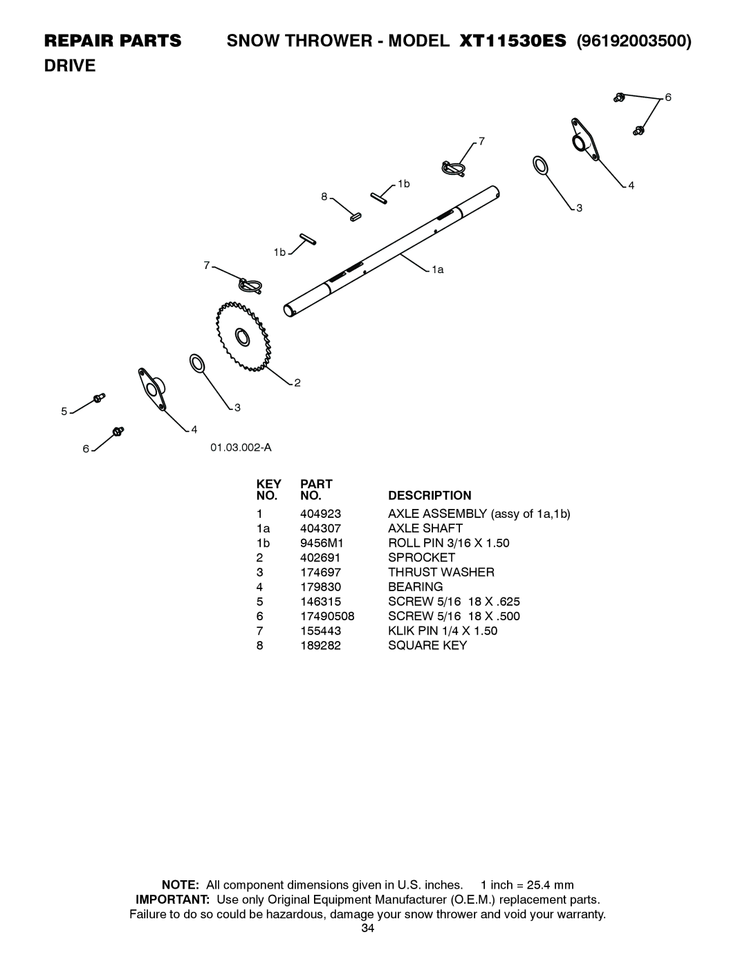 Poulan 96192003500, 428861, XT11530ES owner manual Axle Shaft, Sprocket 