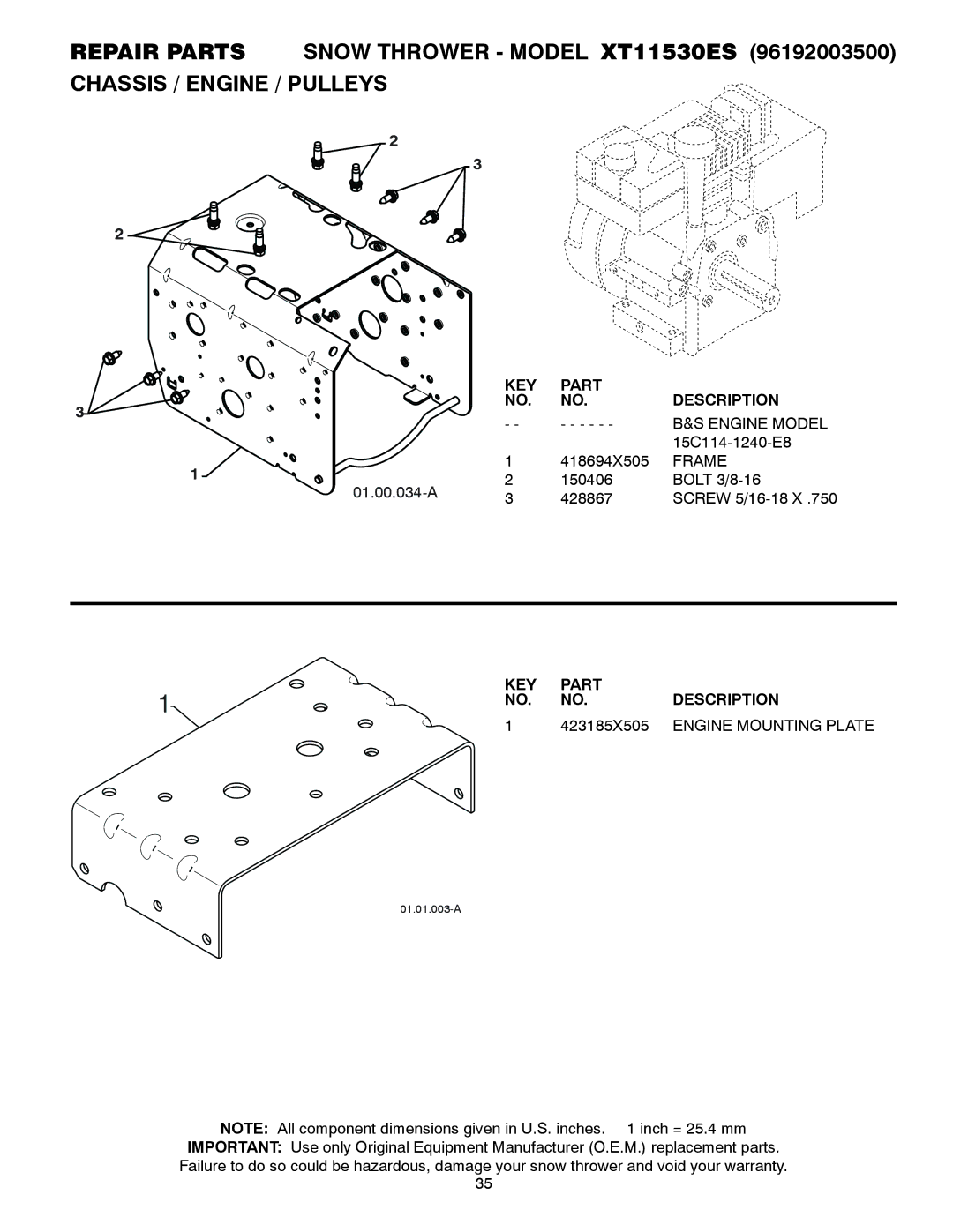 Poulan XT11530ES, 428861, 96192003500 owner manual Engine Model, Frame, 423185X505, Engine Mounting Plate 