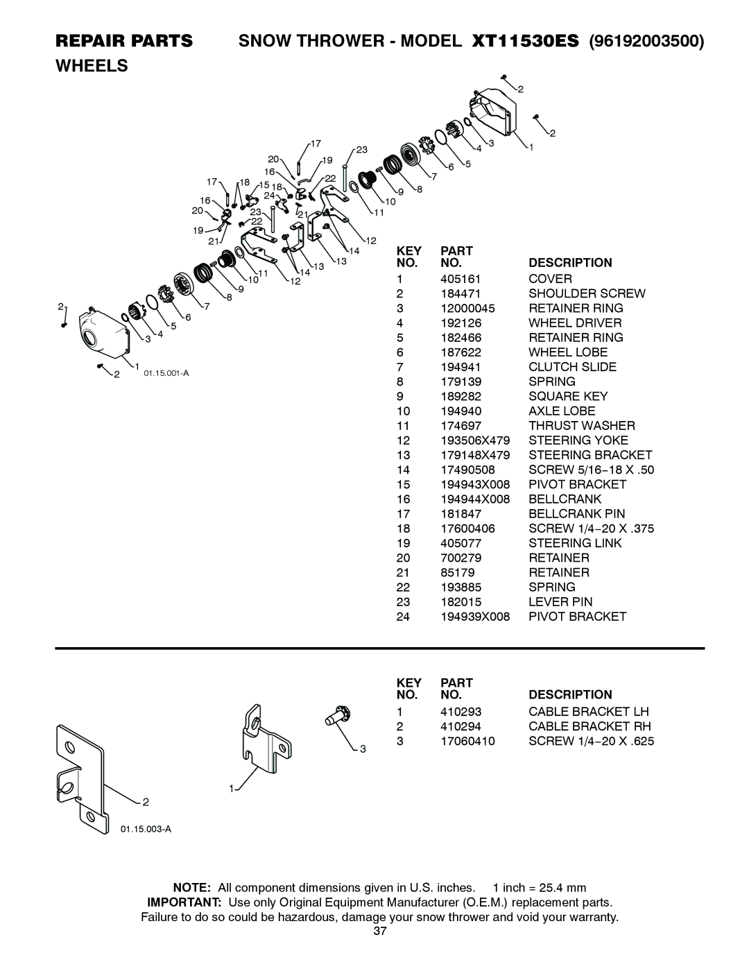 Poulan 96192003500, 428861 owner manual Repair Parts Snow Thrower Model XT11530ES Wheels 