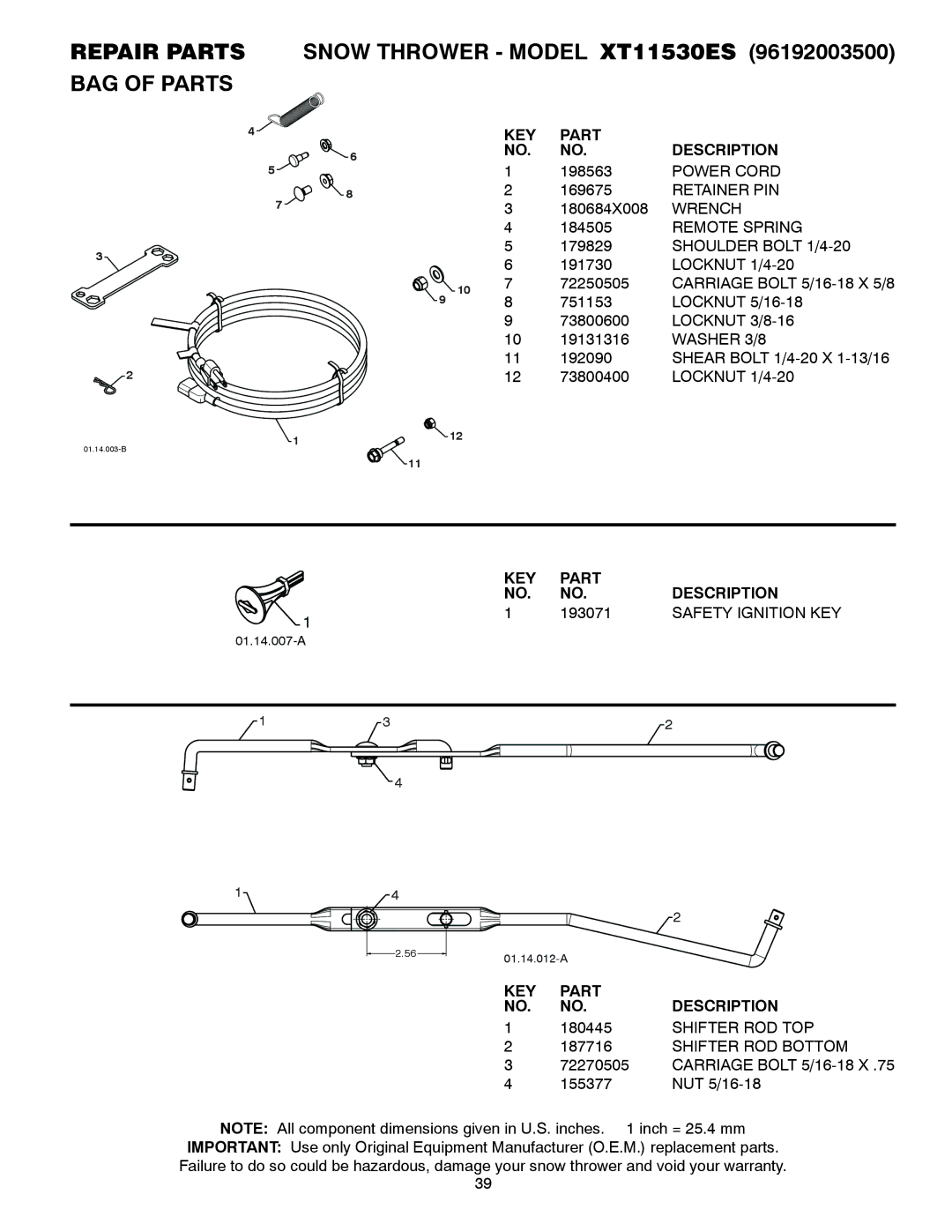 Poulan 428861, 96192003500 owner manual Repair Parts Snow Thrower Model XT11530ES BAG of Parts, 193071, Safety Ignition KEY 