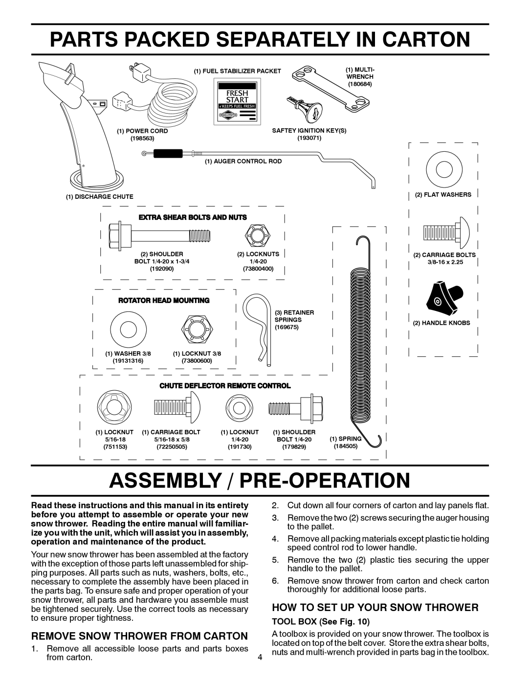 Poulan 96192003500, 428861 Parts Packed Separately in Carton, Assembly / PRE-OPERATION, HOW to SET UP Your Snow Thrower 