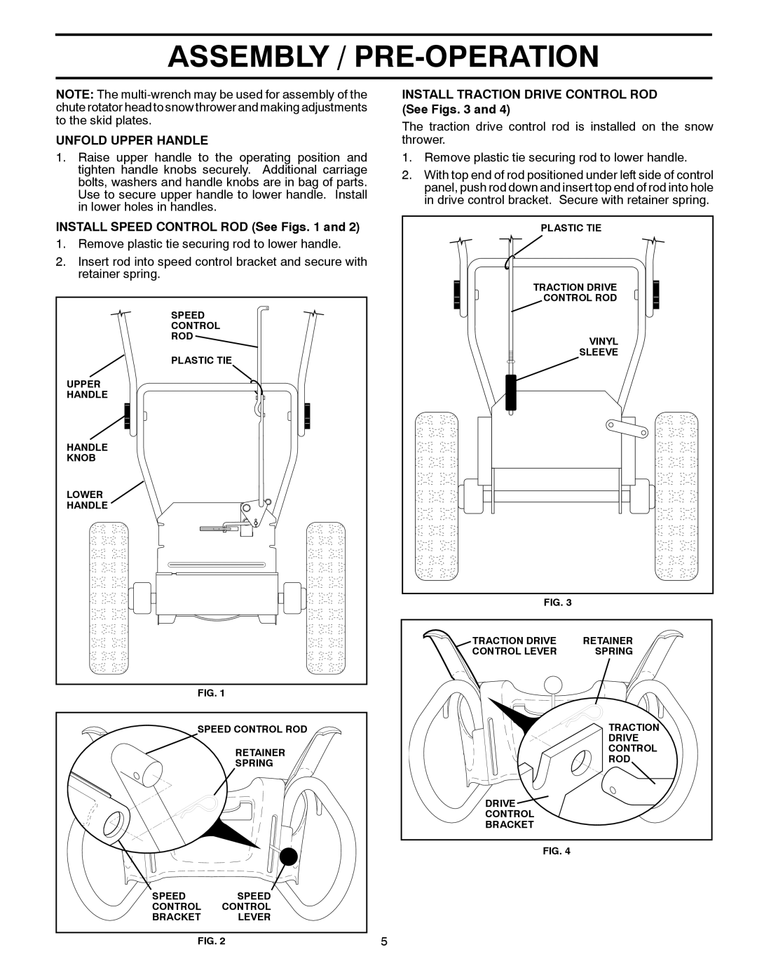 Poulan XT11530ES Unfold Upper Handle, Install Speed Control ROD See Figs, Install Traction Drive Control ROD See Figs 