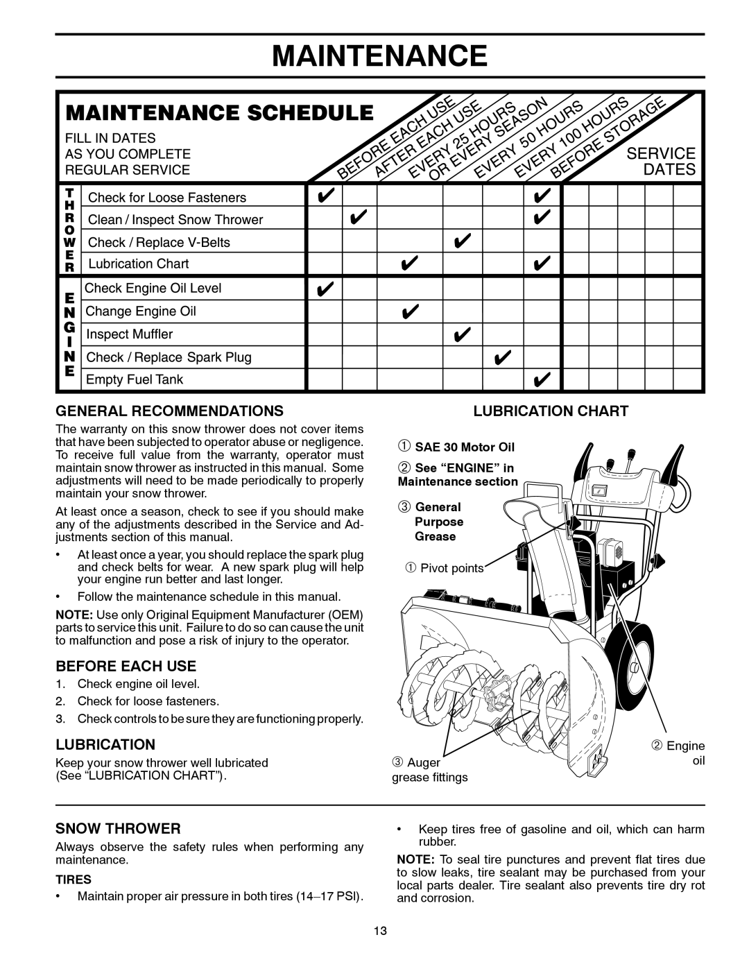 Poulan 96192003400 Maintenance, General Recommendations, Before Each Use, Snow Thrower, Lubrication Chart, Tires 