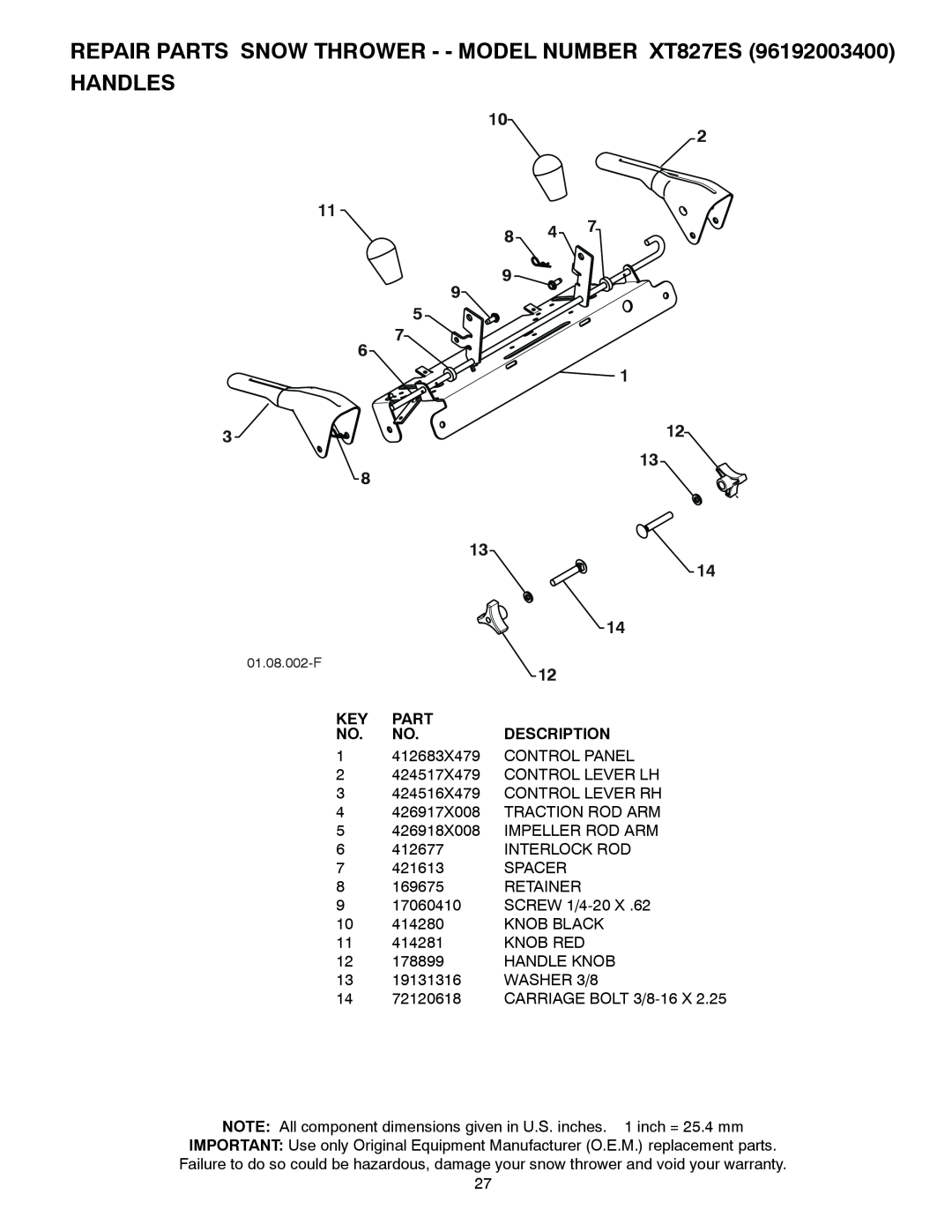 Poulan 428863, 96192003400, XT827ES owner manual Handles, 1412683X479 CONTROL PANEL 