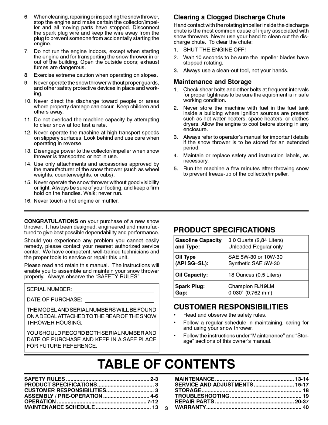 Poulan 428863 Table Of Contents, Product Specifications, Customer Responsibilities, Clearing a Clogged Discharge Chute 