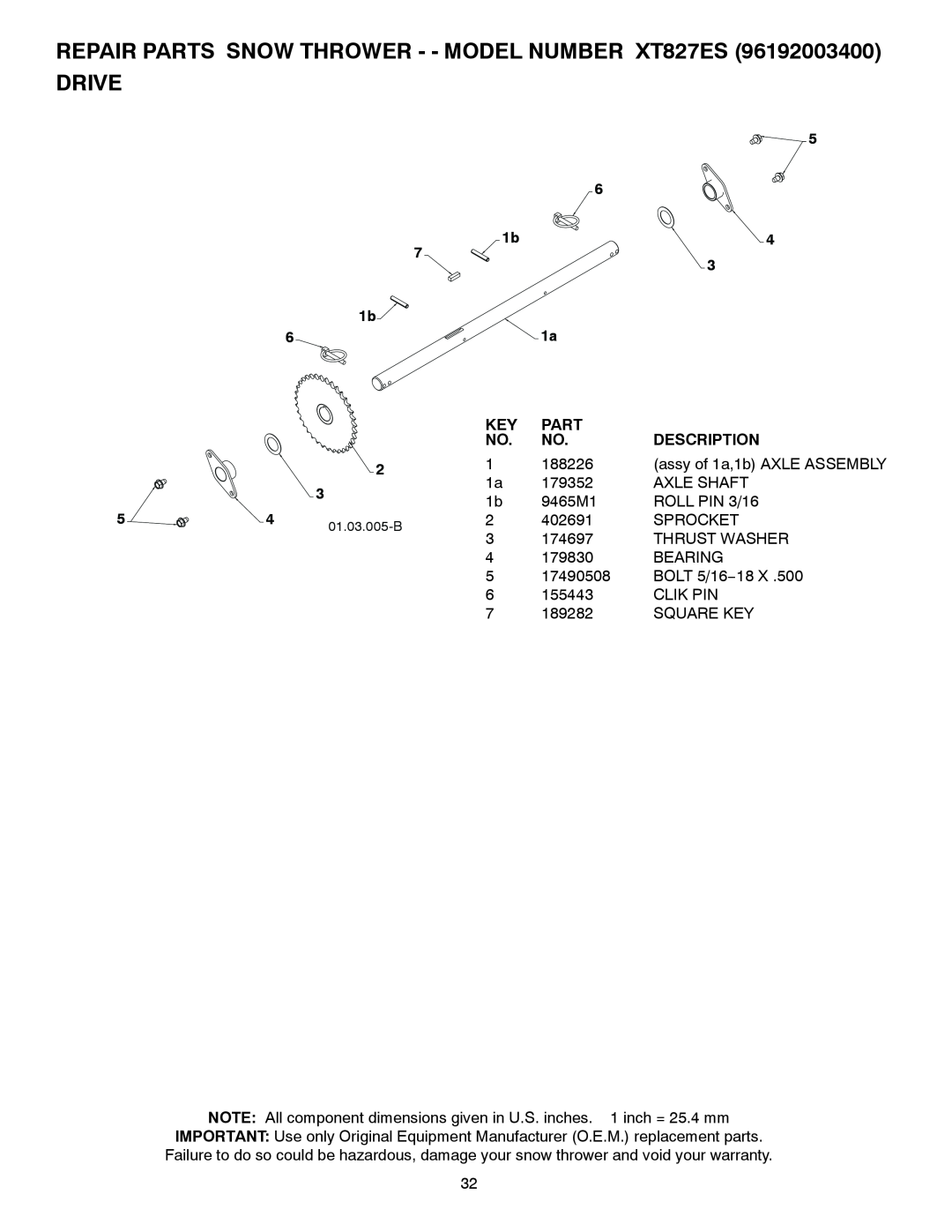 Poulan XT827ES, 428863, 96192003400 owner manual Drive, Part, Description 