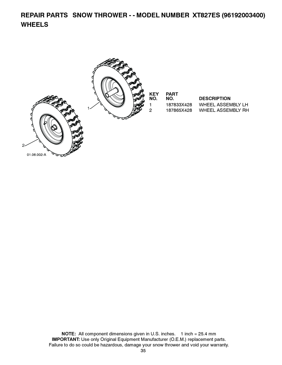 Poulan XT827ES, 428863, 96192003400 owner manual Wheels, Part, Description, 187833X428, Wheel Assembly Lh, 187865X428 