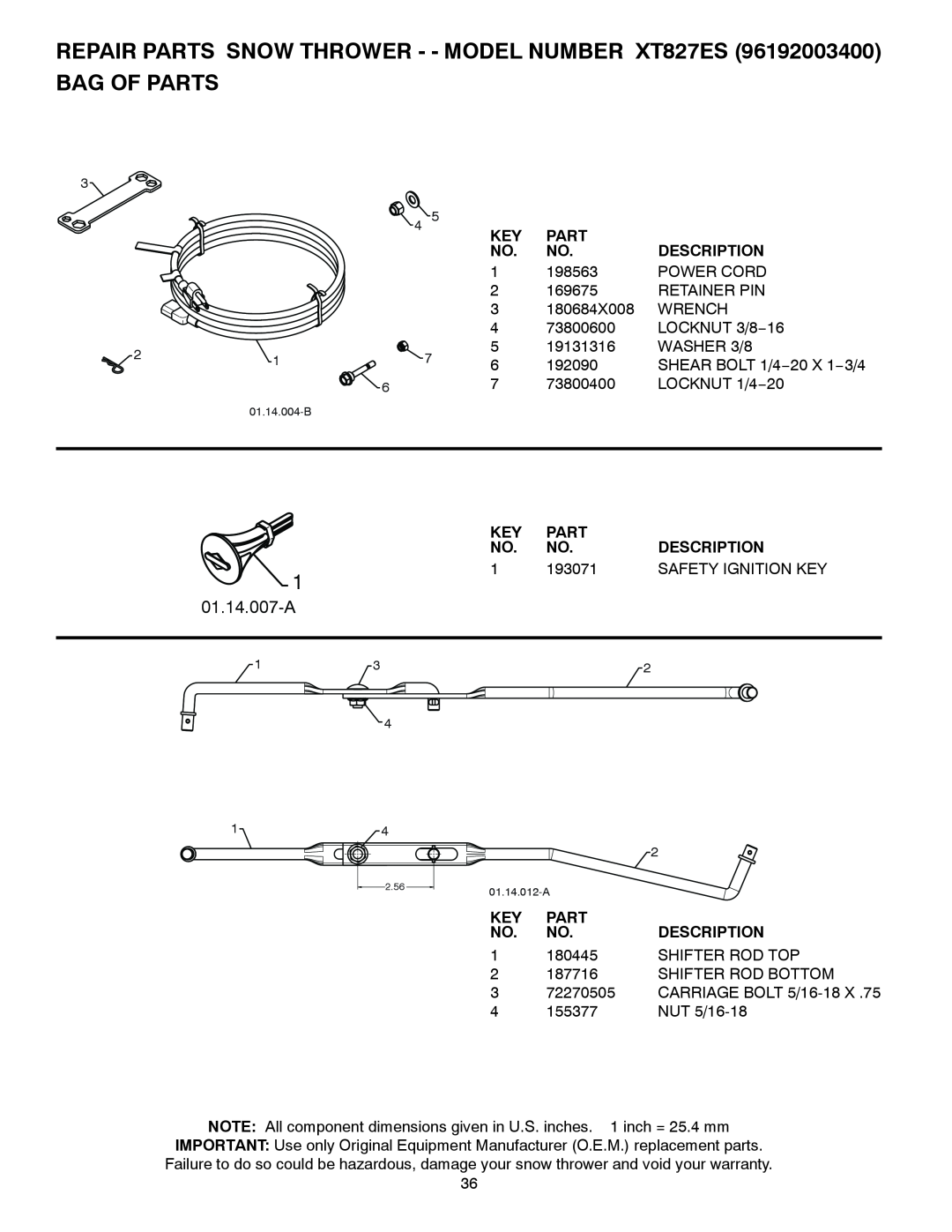 Poulan 428863, 96192003400, XT827ES owner manual Bag Of Parts, 01.14.007-A, Description, 193071, Safety Ignition Key 