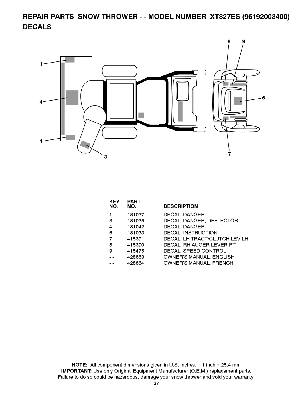 Poulan 96192003400, 428863, XT827ES owner manual Decals, 1 4 1, Part, Description, 181037, Decal, Danger 