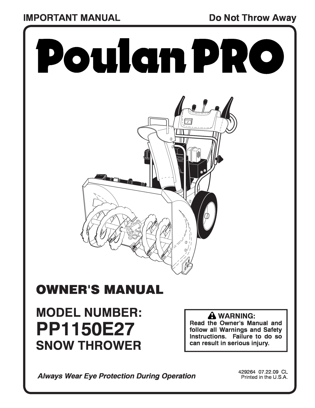 Poulan 96198003301, 429264 owner manual Snow Thrower, Important Manual, PP1150E27, Do Not Throw Away 