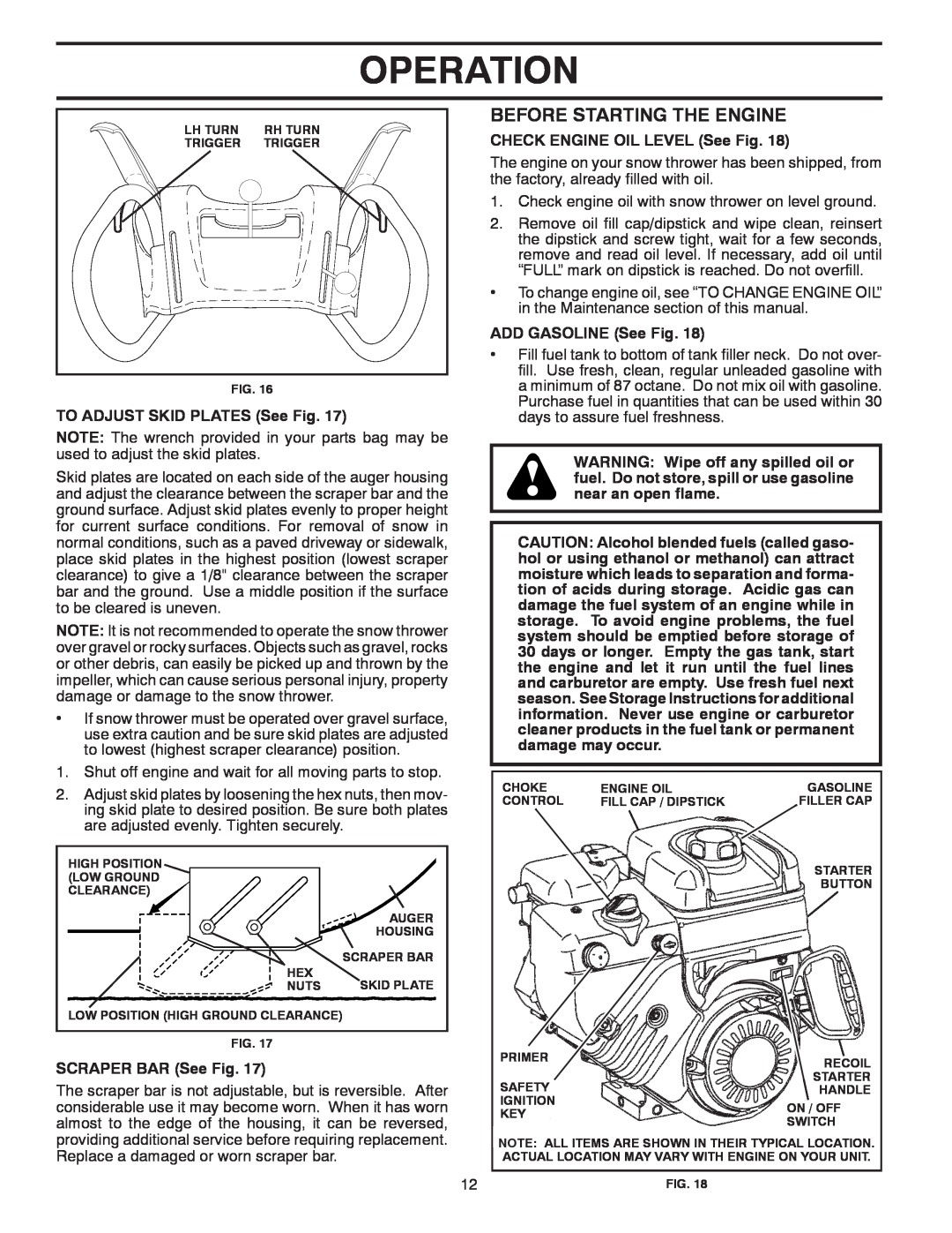 Poulan 429264, 96198003301 Before Starting The Engine, Operation, TO ADJUST SKID PLATES See Fig, SCRAPER BAR See Fig 