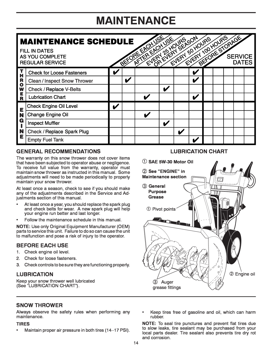 Poulan 429264 Maintenance, General Recommendations, Before Each Use, Snow Thrower, Lubrication Chart, Tires 