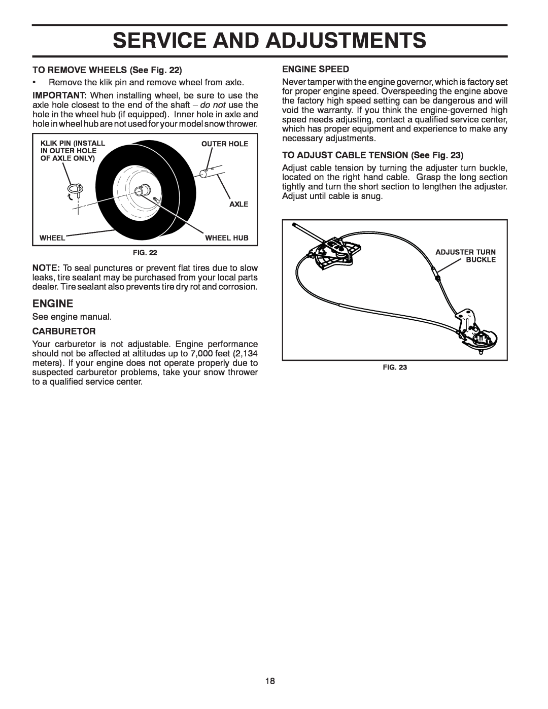 Poulan 429264, 96198003301 owner manual Service And Adjustments, TO REMOVE WHEELS See Fig, Carburetor, Engine Speed 
