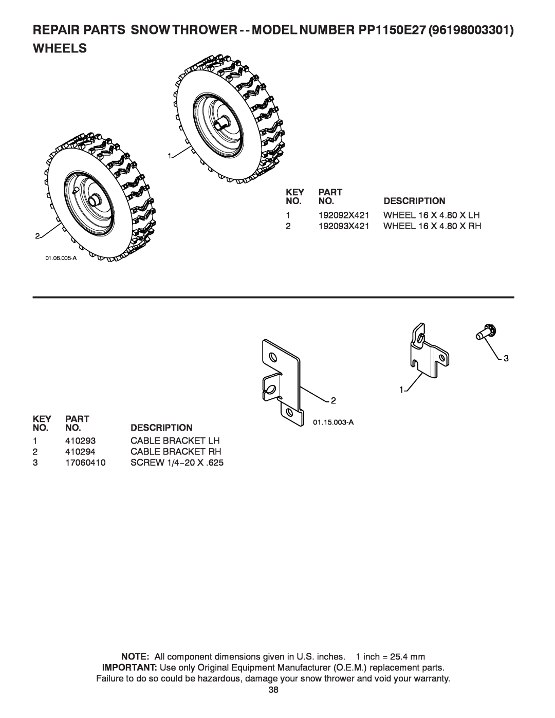Poulan 429264, 96198003301 owner manual Wheels, Part, Description 