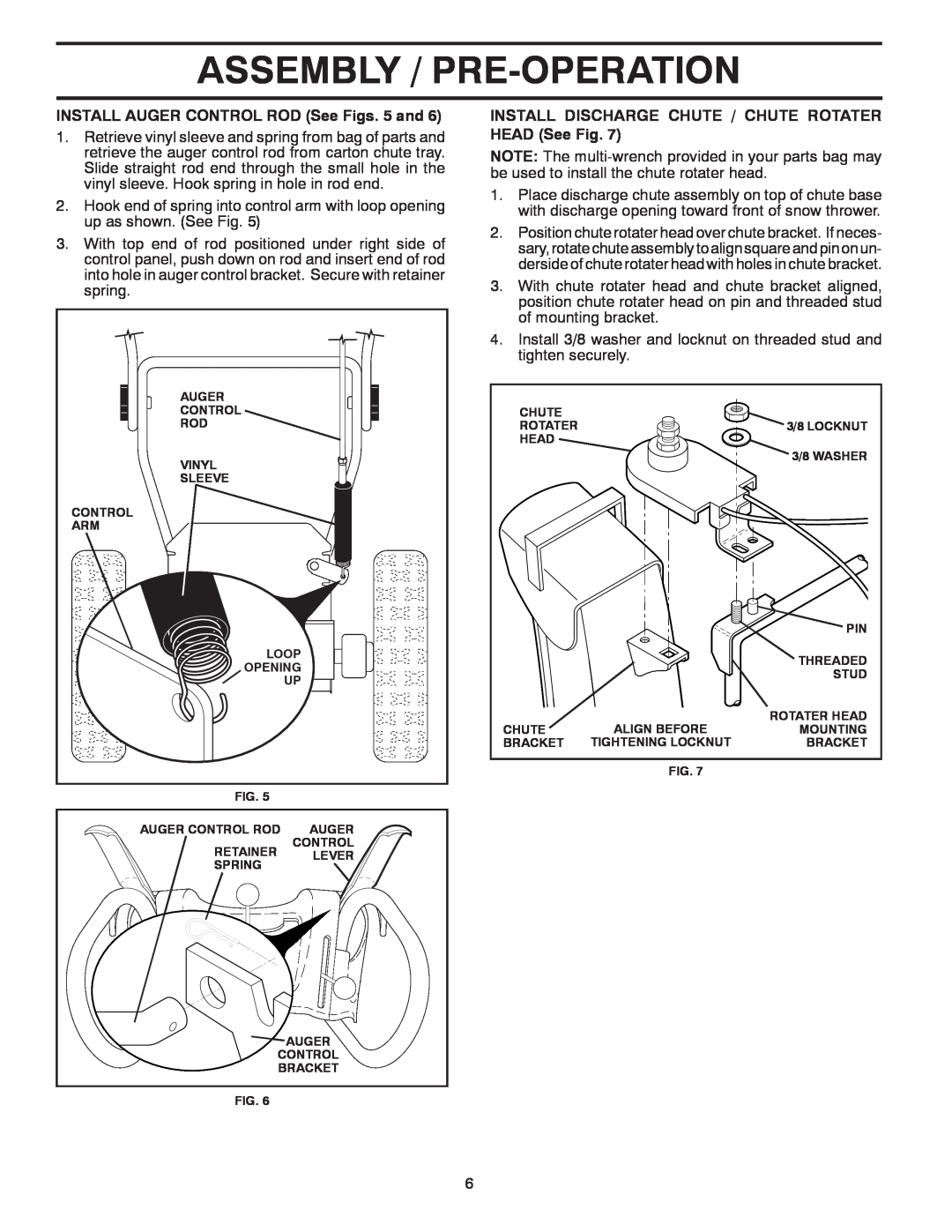 Poulan 429264, 96198003301 owner manual Assembly / Pre-Operation, INSTALL AUGER CONTROL ROD See Figs. 5 and 