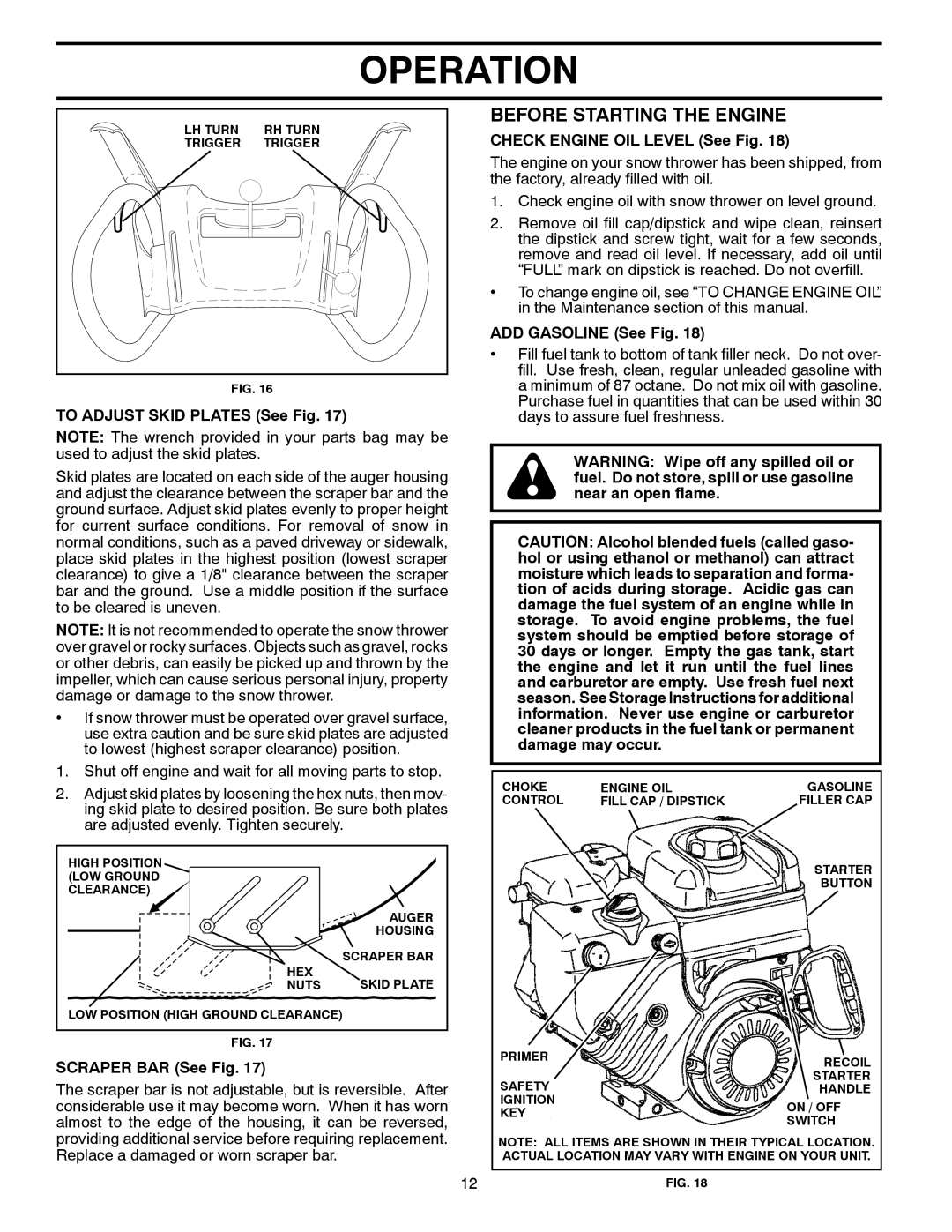 Poulan 429264 Before Starting the Engine, To Adjust Skid Plates See Fig, Scraper BAR See Fig, ADD Gasoline See Fig 