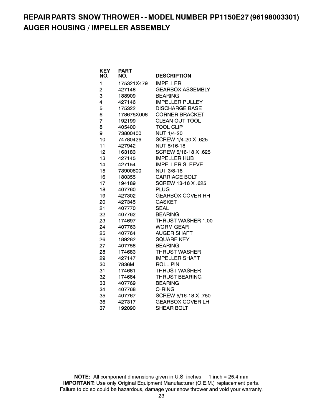 Poulan 96198003301, 429264 owner manual KEY Part Description 