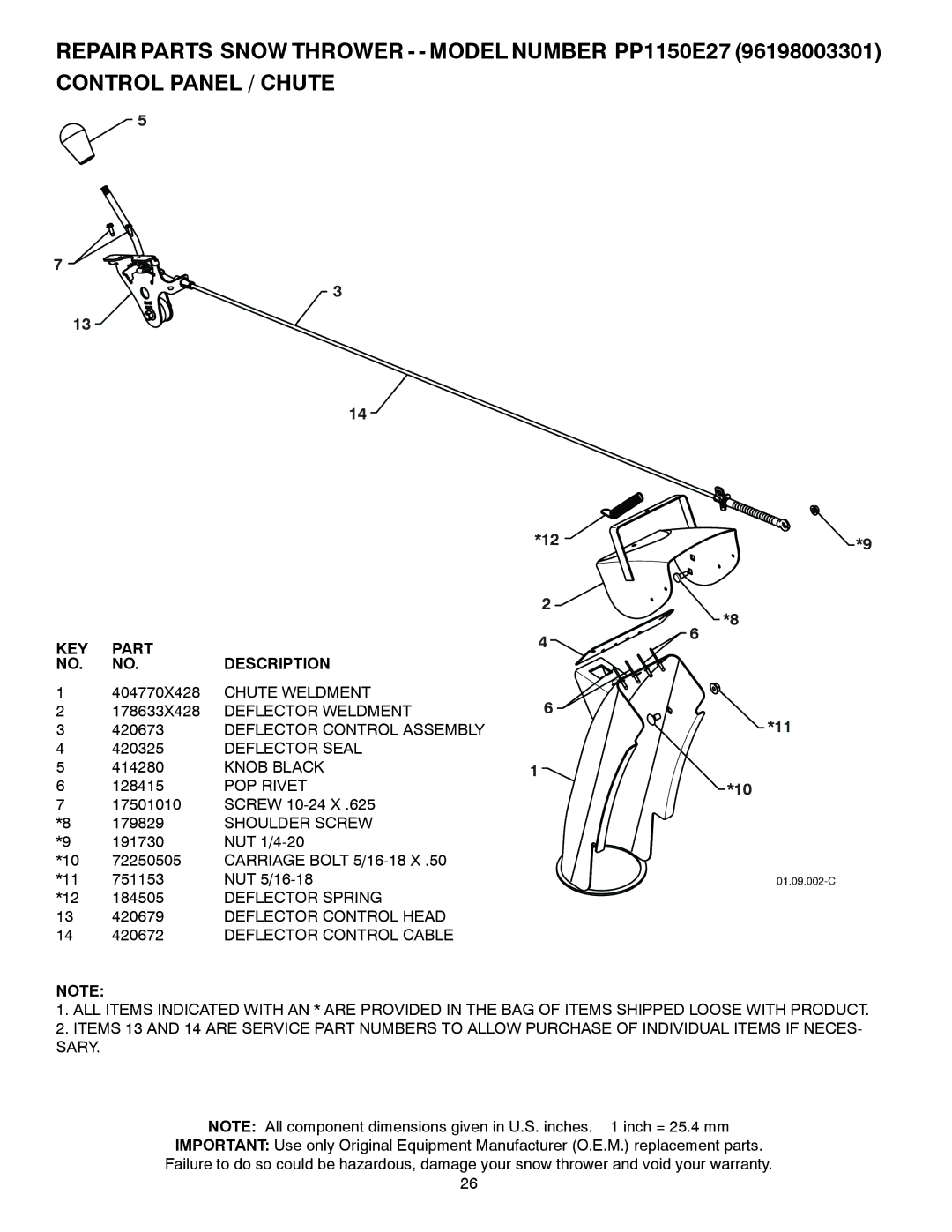 Poulan 429264, 96198003301 owner manual Knob Black, POP Rivet, Shoulder Screw, Deflector Spring 