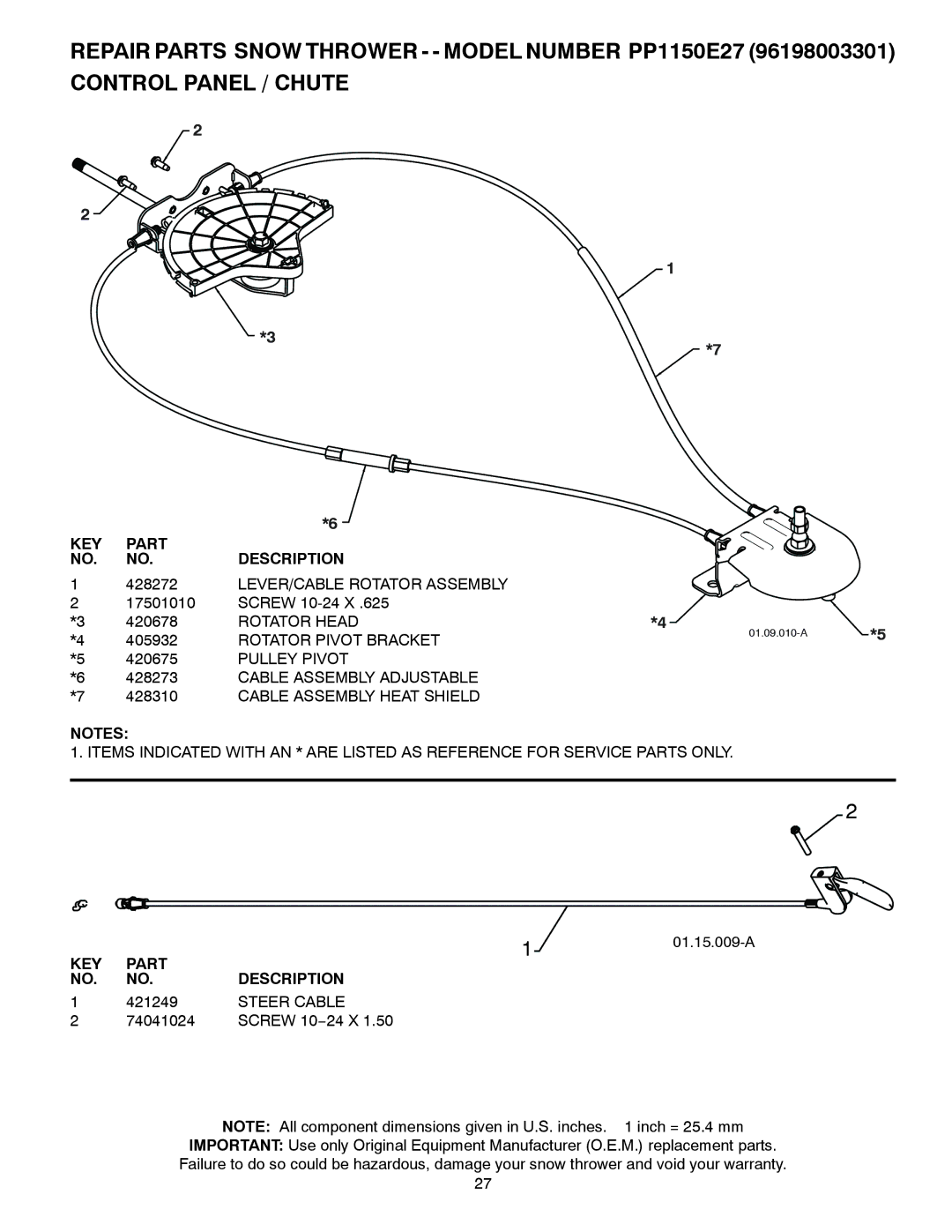 Poulan 96198003301, 429264 LEVER/CABLE Rotator Assembly, Rotator Head, Rotator Pivot Bracket, Pulley Pivot, Steer Cable 