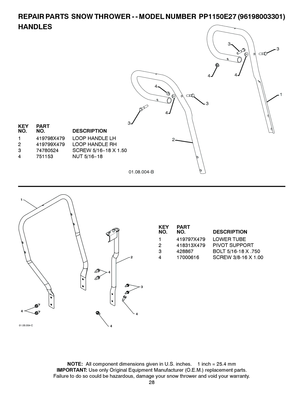 Poulan 429264, 96198003301 owner manual Loop Handle LH, Loop Handle RH, Lower Tube, Pivot Support 