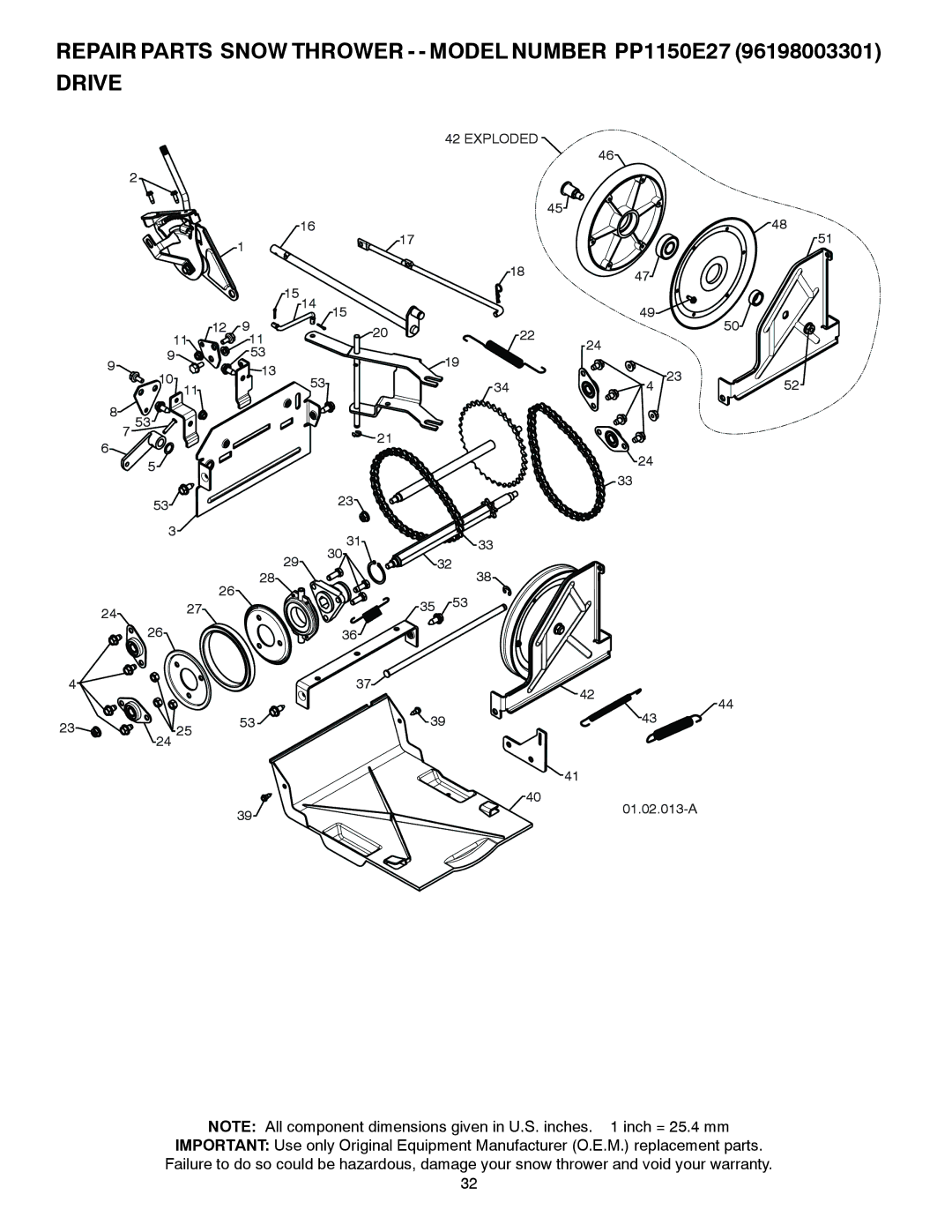 Poulan 429264, 96198003301 owner manual Repair Parts Snow Thrower - Model Number PP1150E27 Drive 