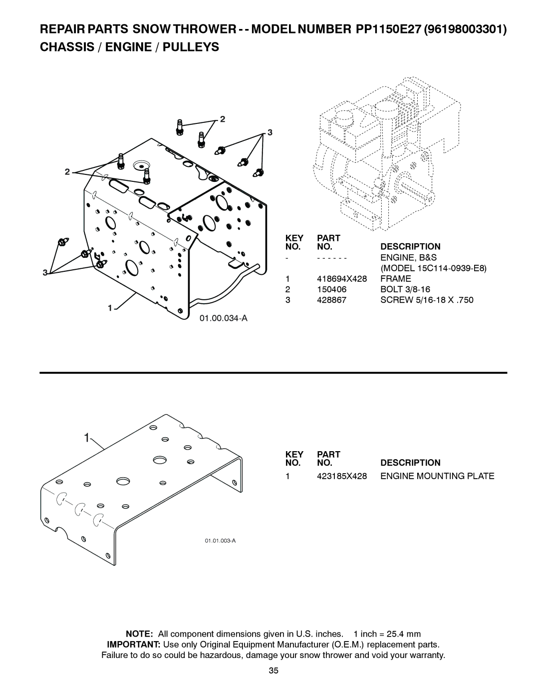 Poulan 96198003301, 429264 owner manual Engine, B&S, Frame, 423185X428, Engine Mounting Plate 