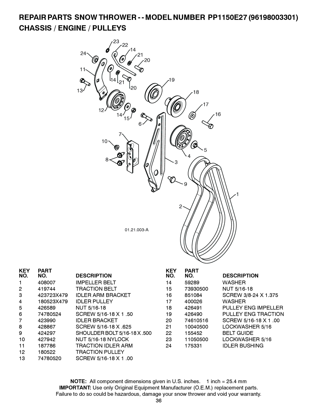 Poulan 429264 Impeller Belt, Traction Belt, Idler ARM Bracket, Idler Pulley, Pulley ENG Impeller, Pulley ENG Traction 