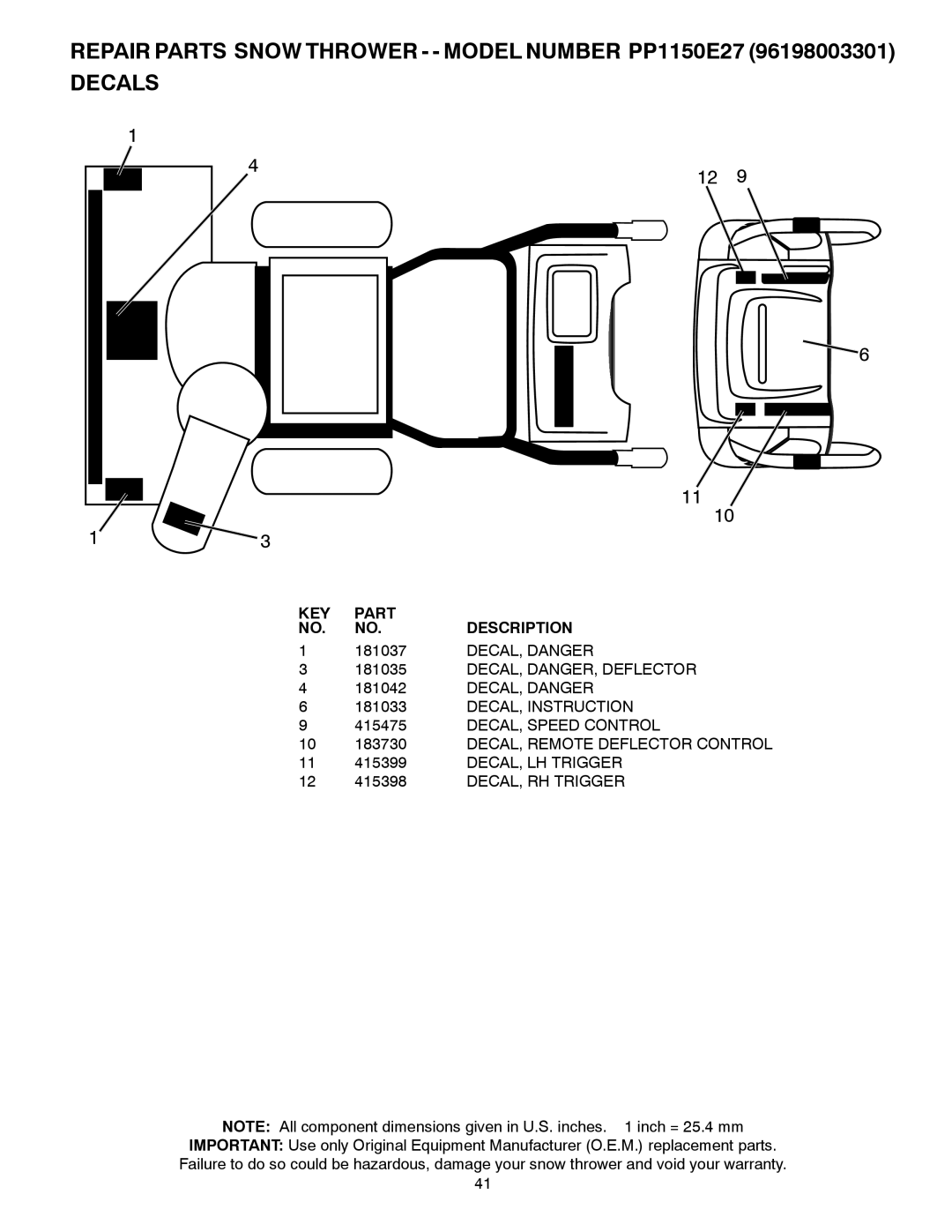 Poulan 96198003301, 429264 owner manual 181037, DECAL, Danger, DECAL, DANGER, Deflector, DECAL, Instruction 