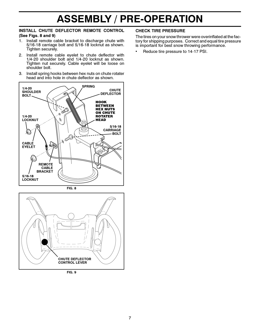 Poulan 96198003301, 429264 owner manual Install Chute Deflector Remote Control See Figs, Check Tire Pressure 