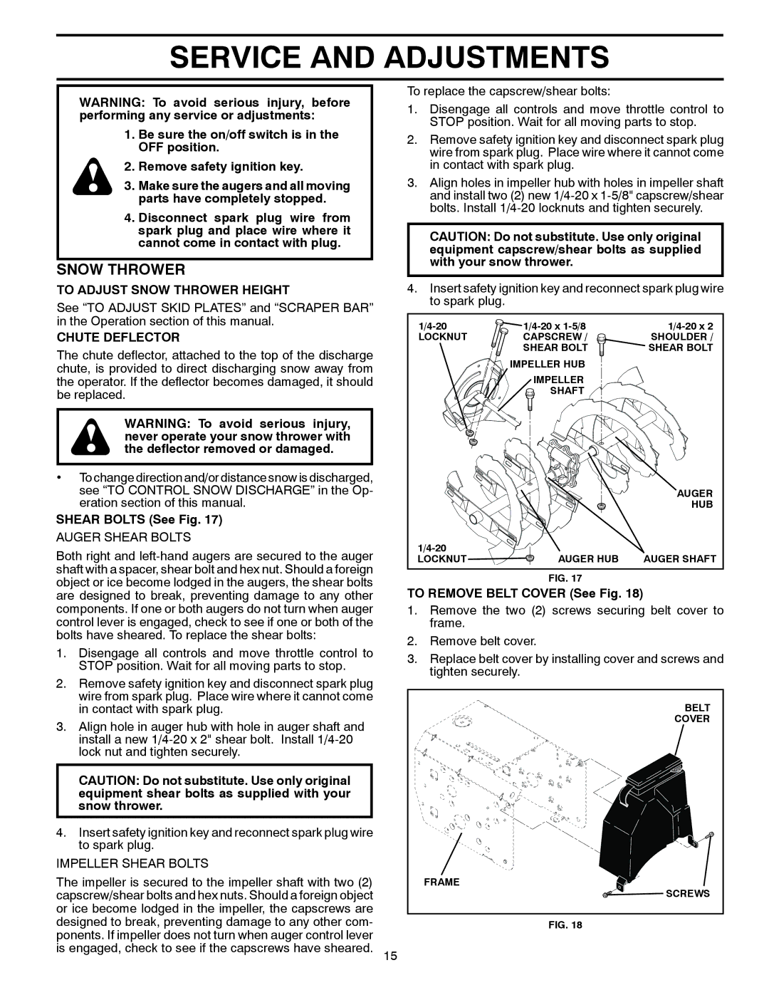 Poulan 96192003401, 429837 Service and Adjustments, To Adjust Snow Thrower Height, Chute Deflector, Shear Bolts See Fig 