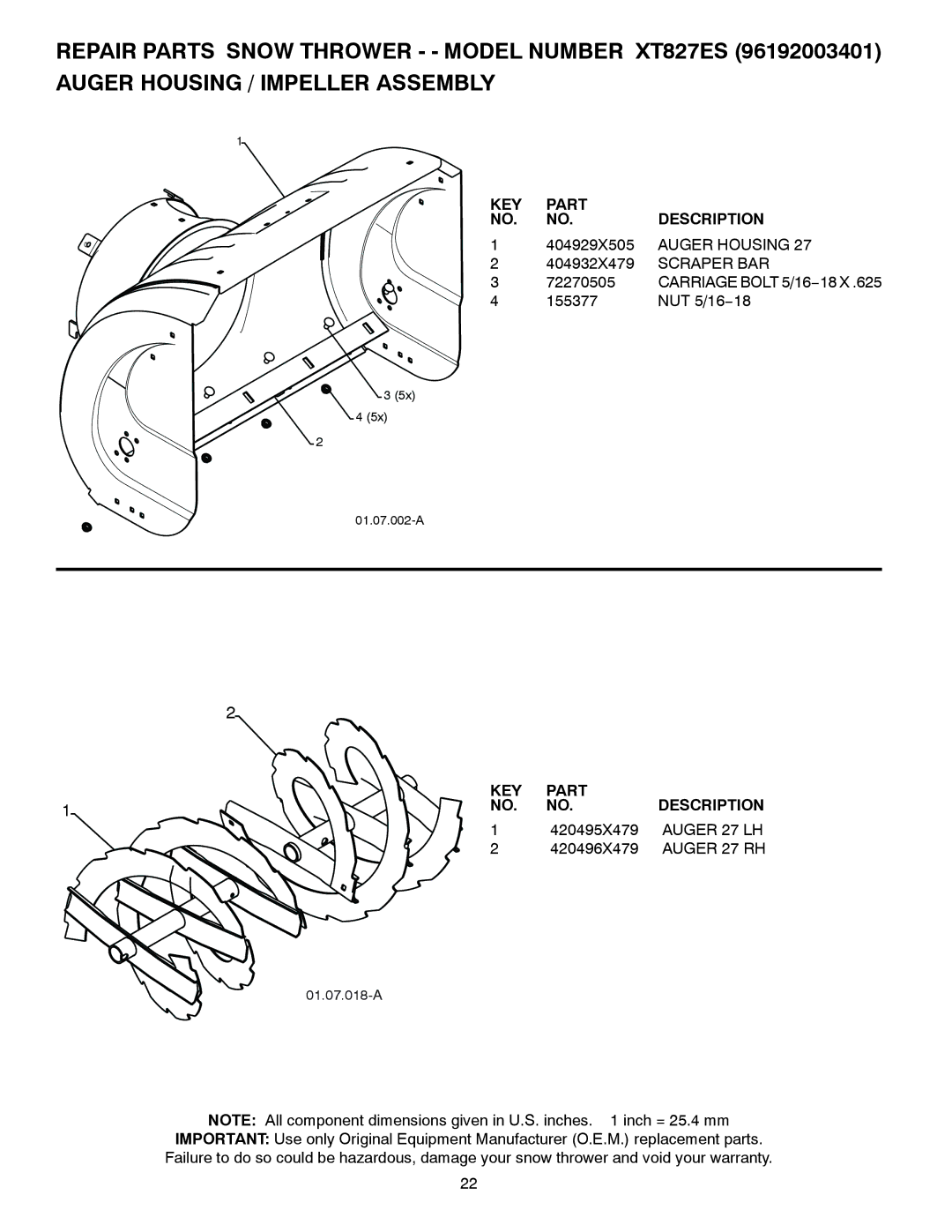 Poulan 429837, 96192003401 owner manual Auger Housing, Scraper BAR, Auger 27 LH, Auger 27 RH 