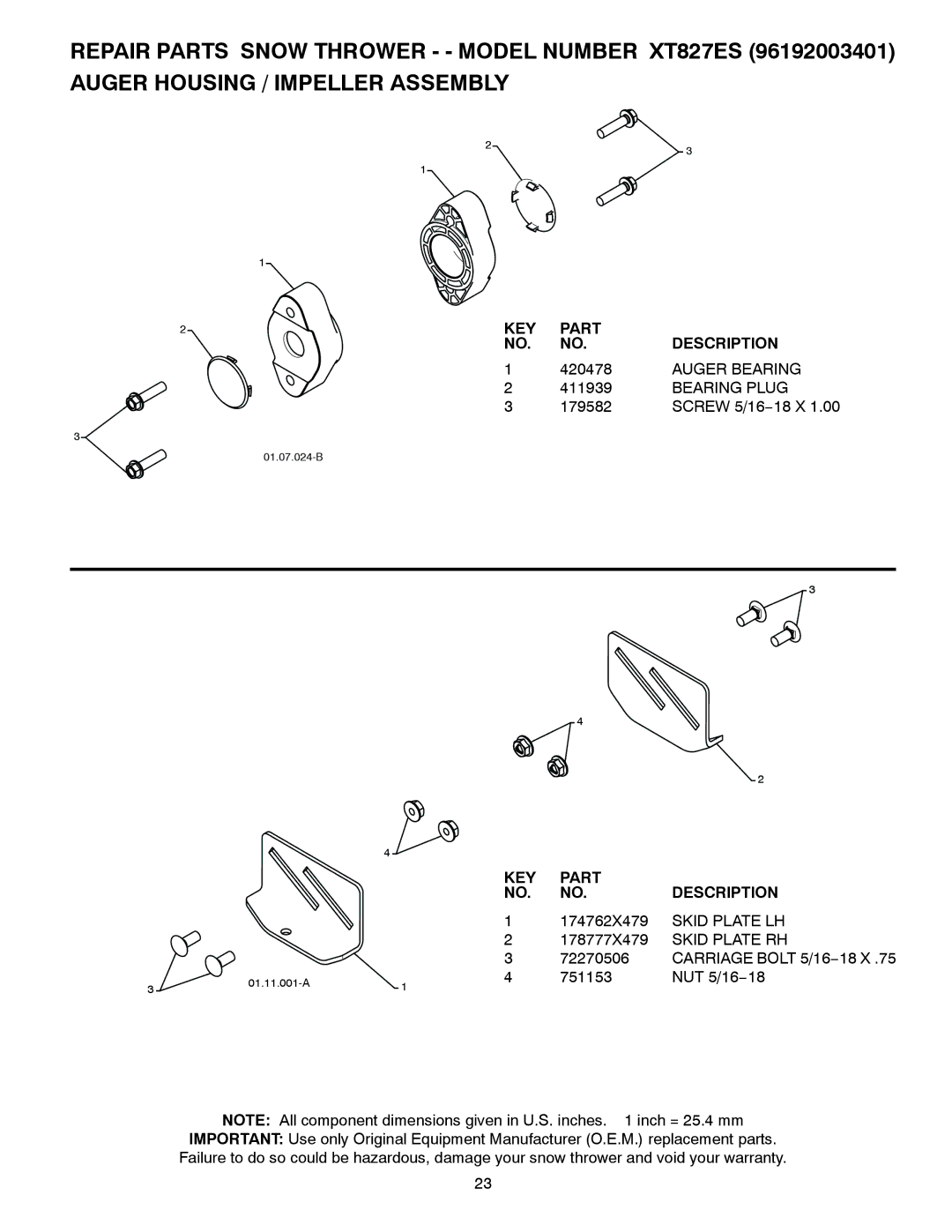 Poulan 96192003401, 429837 owner manual Auger Bearing, Bearing Plug 