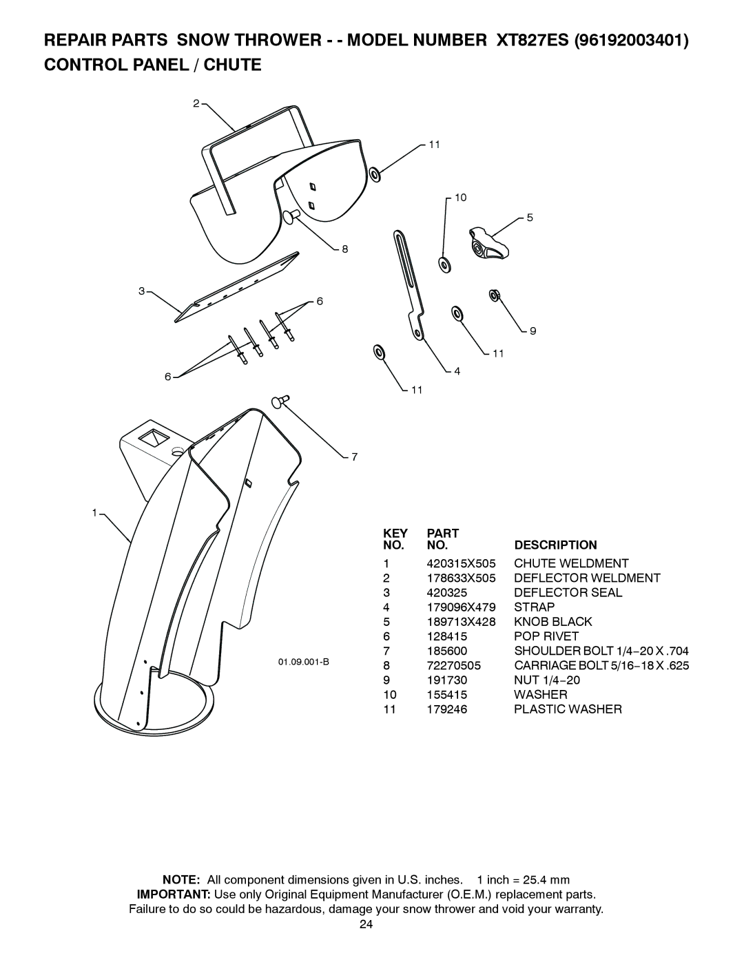 Poulan 429837 Chute Weldment, Deflector Weldment, Deflector Seal, Strap, Knob Black, POP Rivet, Plastic Washer 