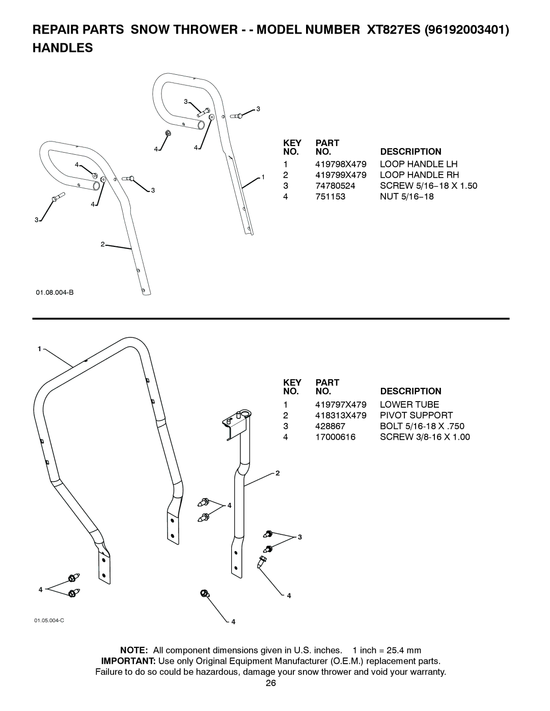 Poulan 429837, 96192003401 owner manual Loop Handle LH, Loop Handle RH, Lower Tube, Pivot Support 