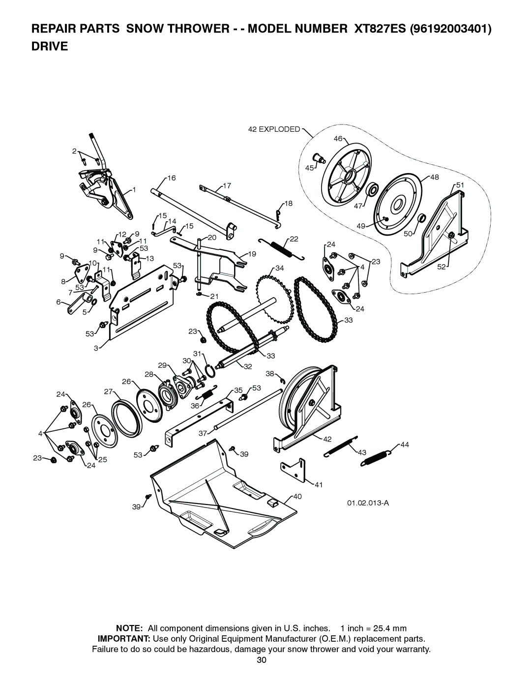 Poulan 429837, 96192003401 owner manual Repair Parts Snow Thrower - Model Number XT827ES Drive 