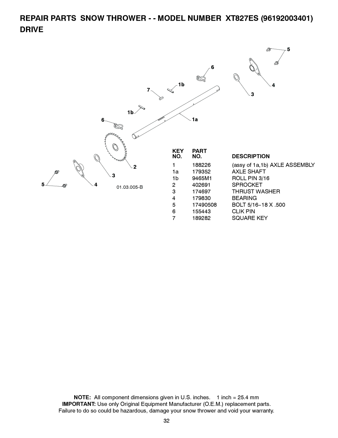 Poulan 429837, 96192003401 owner manual Axle Shaft, Roll PIN 3/16, Sprocket, Clik PIN 