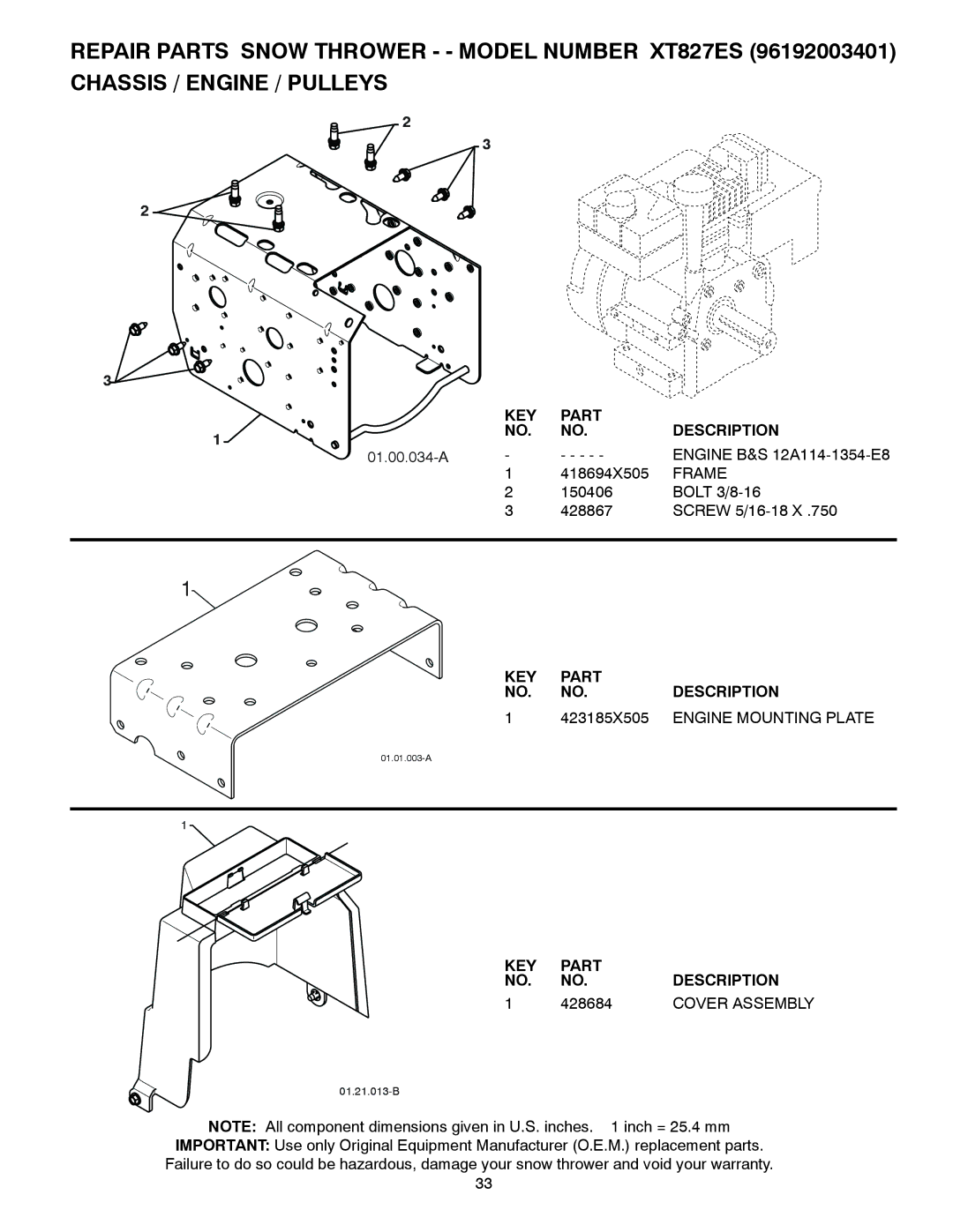 Poulan 96192003401, 429837 owner manual Frame, 423185X505, Engine Mounting Plate, 428684 