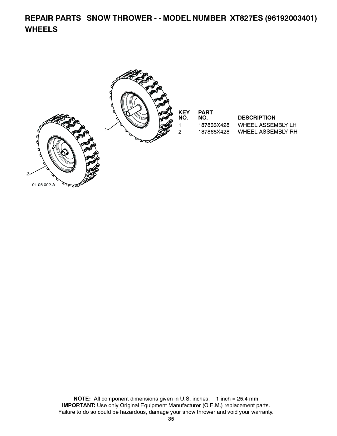 Poulan 96192003401, 429837 owner manual 187833X428, Wheel Assembly LH, 187865X428 