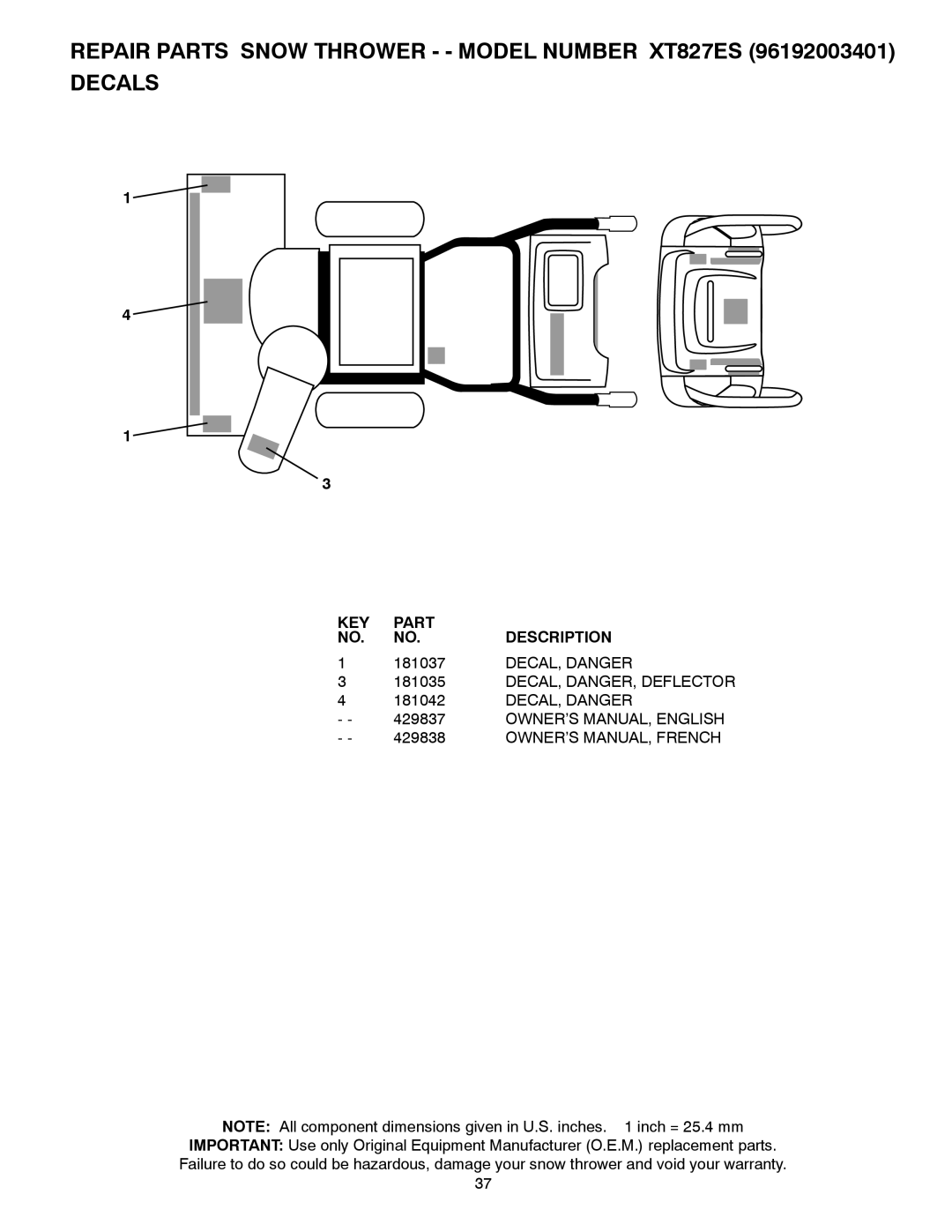 Poulan 96192003401, 429837 owner manual 181037, DECAL, Danger, DECAL, DANGER, Deflector 