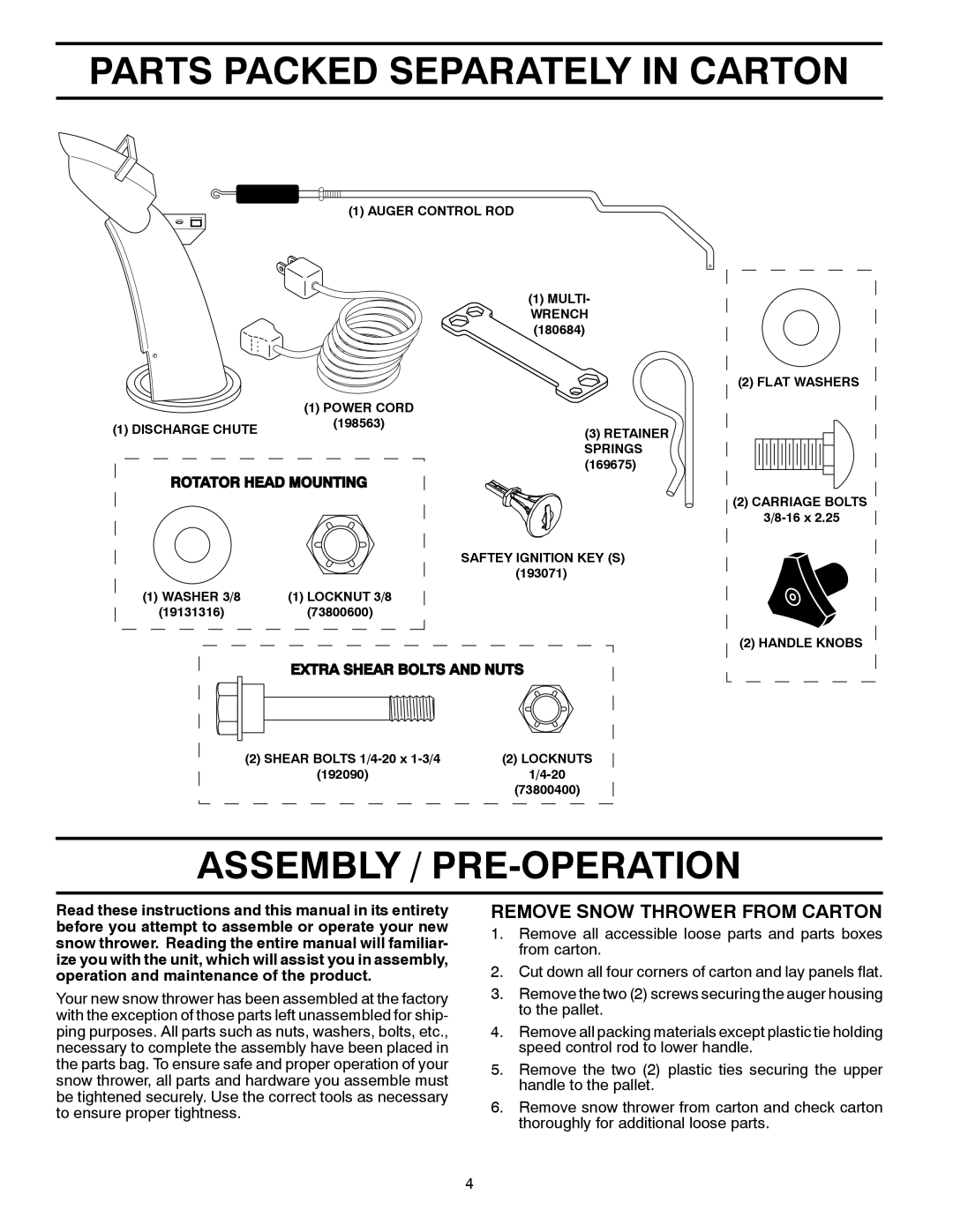 Poulan 429837, 96192003401 Parts Packed Separately in Carton, Assembly / PRE-OPERATION, Remove Snow Thrower from Carton 