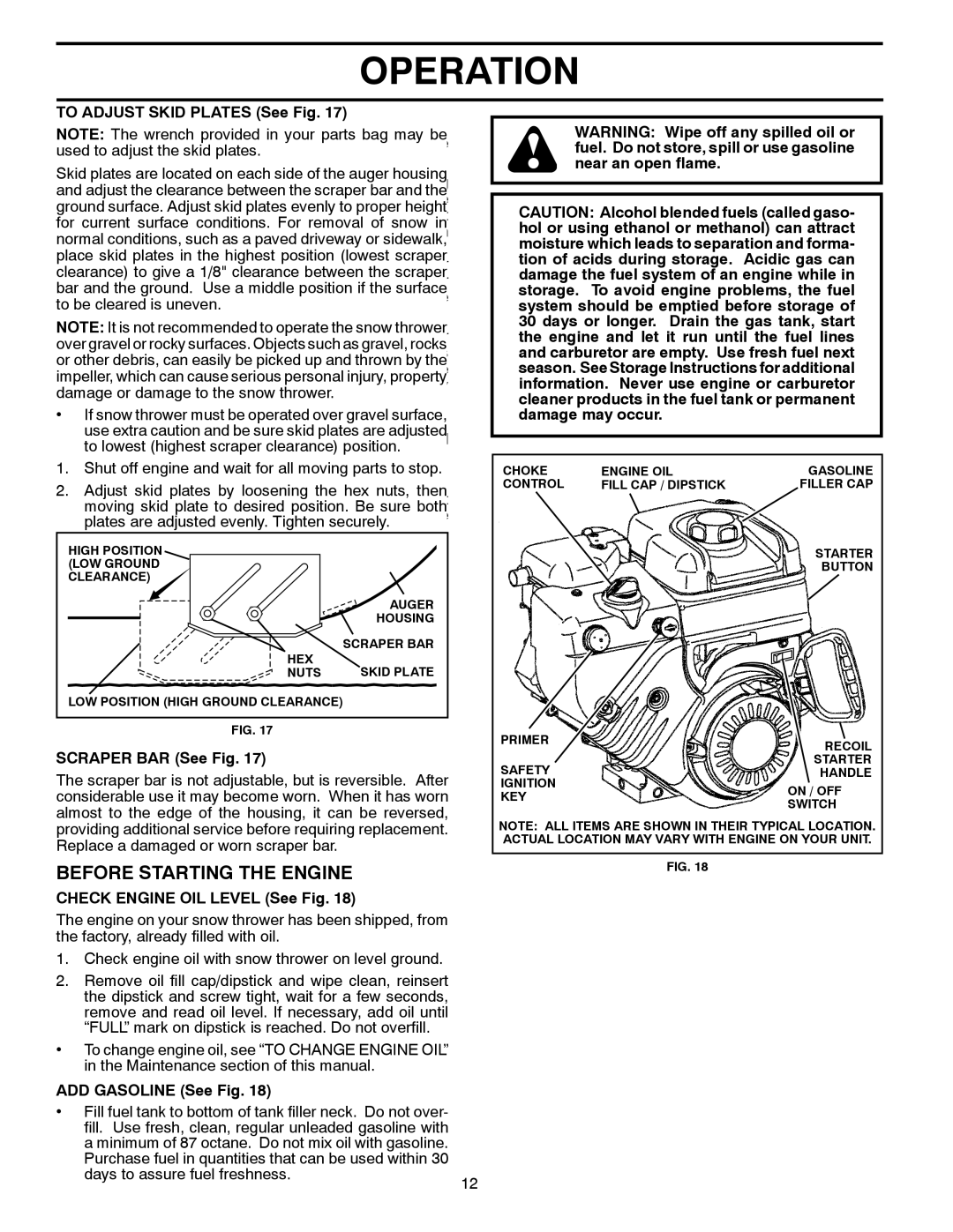 Poulan 429884 Before Starting the Engine, To Adjust Skid Plates See Fig, Scraper BAR See Fig, ADD Gasoline See Fig 