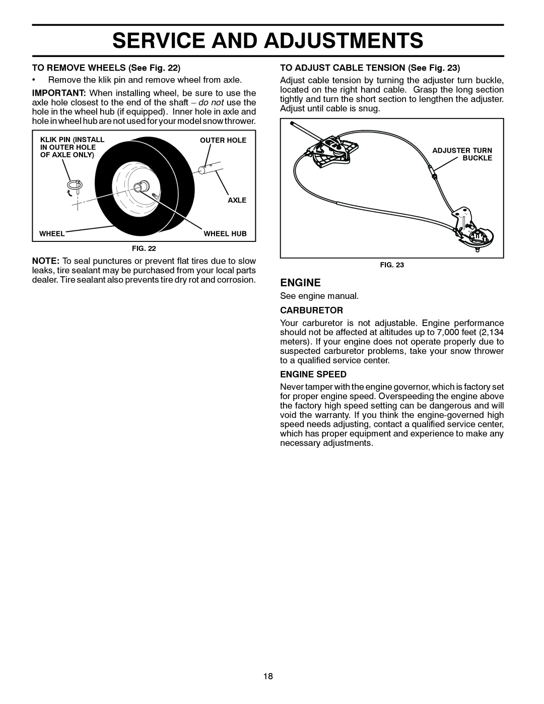 Poulan 429884, 96192003501 owner manual To Remove Wheels See Fig, To Adjust Cable Tension See Fig, Carburetor, Engine Speed 