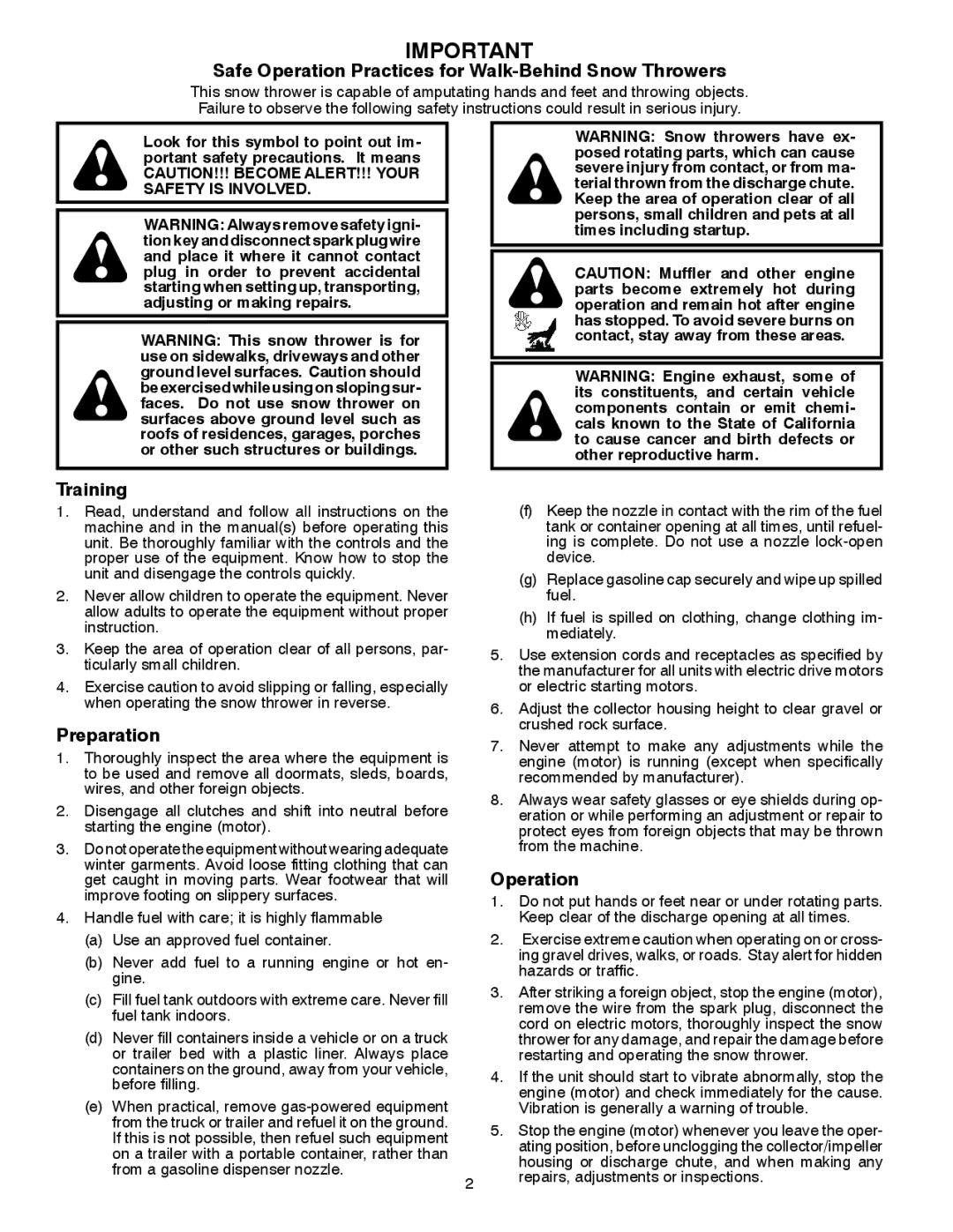 Poulan 429884, 96192003501 owner manual Safe Operation Practices for Walk-Behind Snow Throwers 