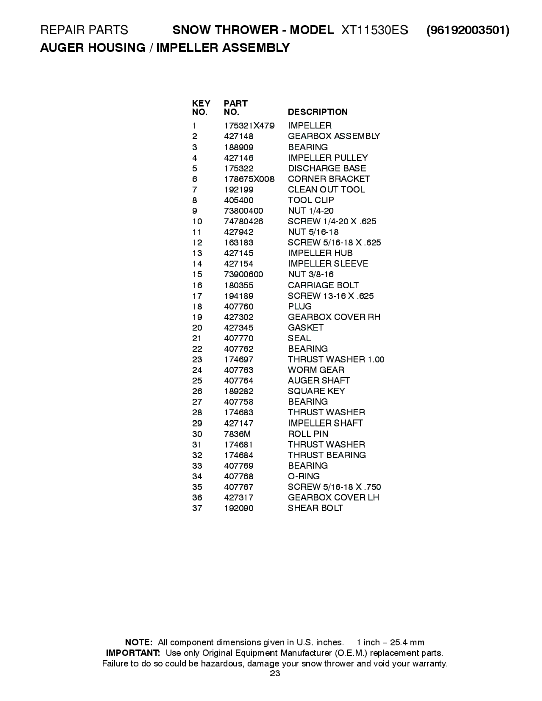 Poulan 96192003501, 429884 owner manual KEY Part Description 